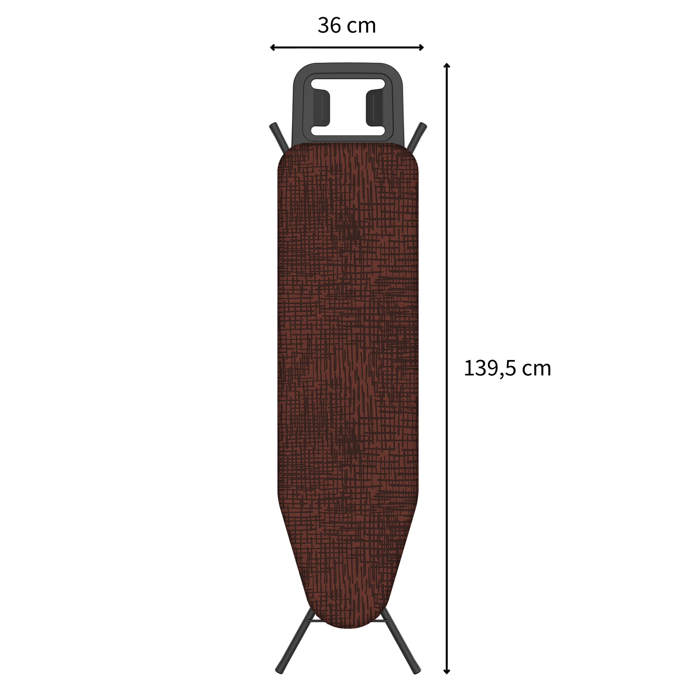 Braunes Bügelbrett mit Muster, 139,5 cm lang, 36 cm breit.