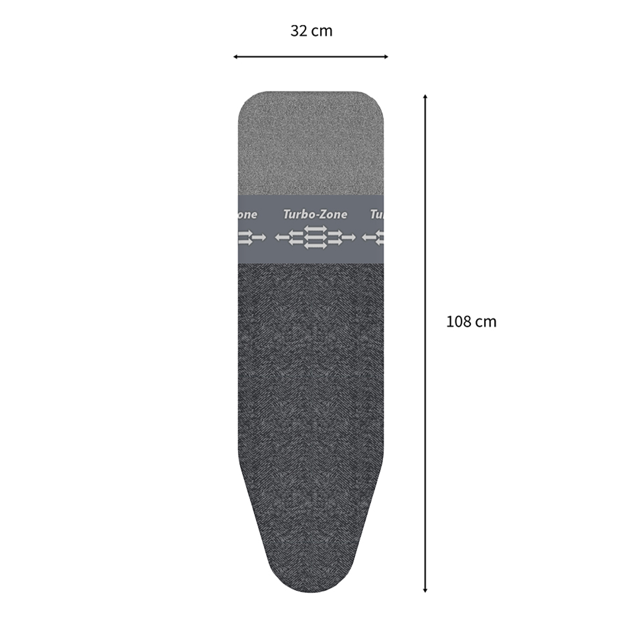 Graue Bügelbrettauflage mit Maßen 32x108 cm und Aufdruck 'Turbo-Zone'.