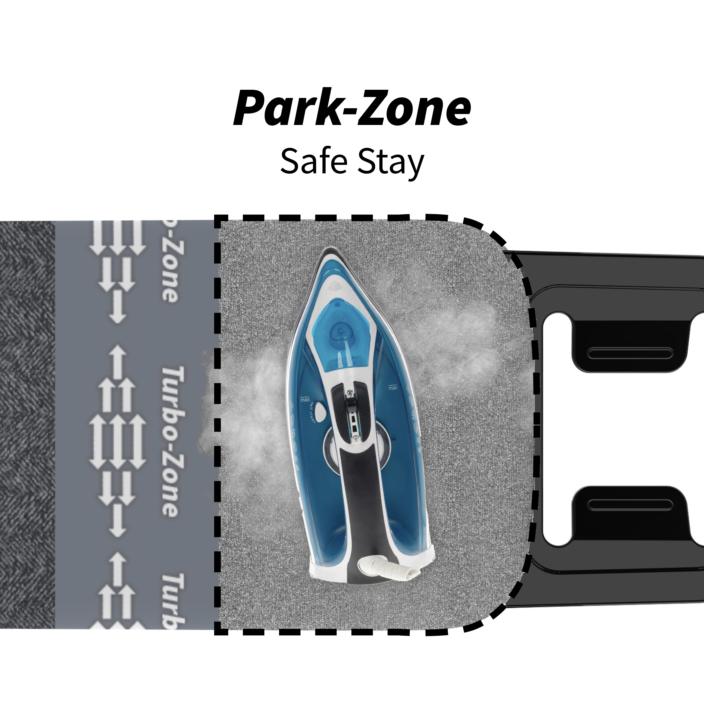 Dampfbügeleisen auf Teppich mit "Park-Zone"-Markierung.