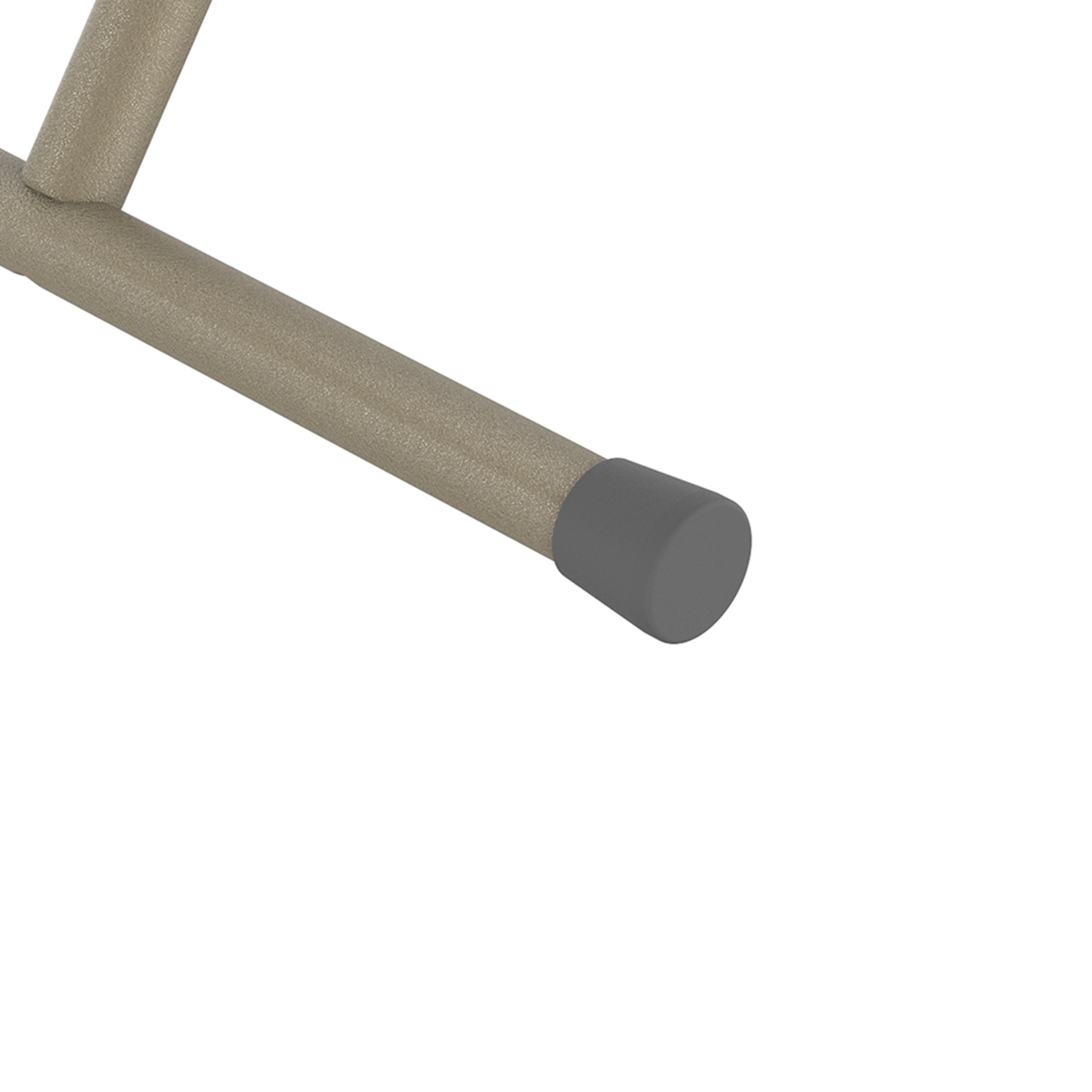 Un tube métallique beige avec un protecteur de pied gris sur fond blanc.
