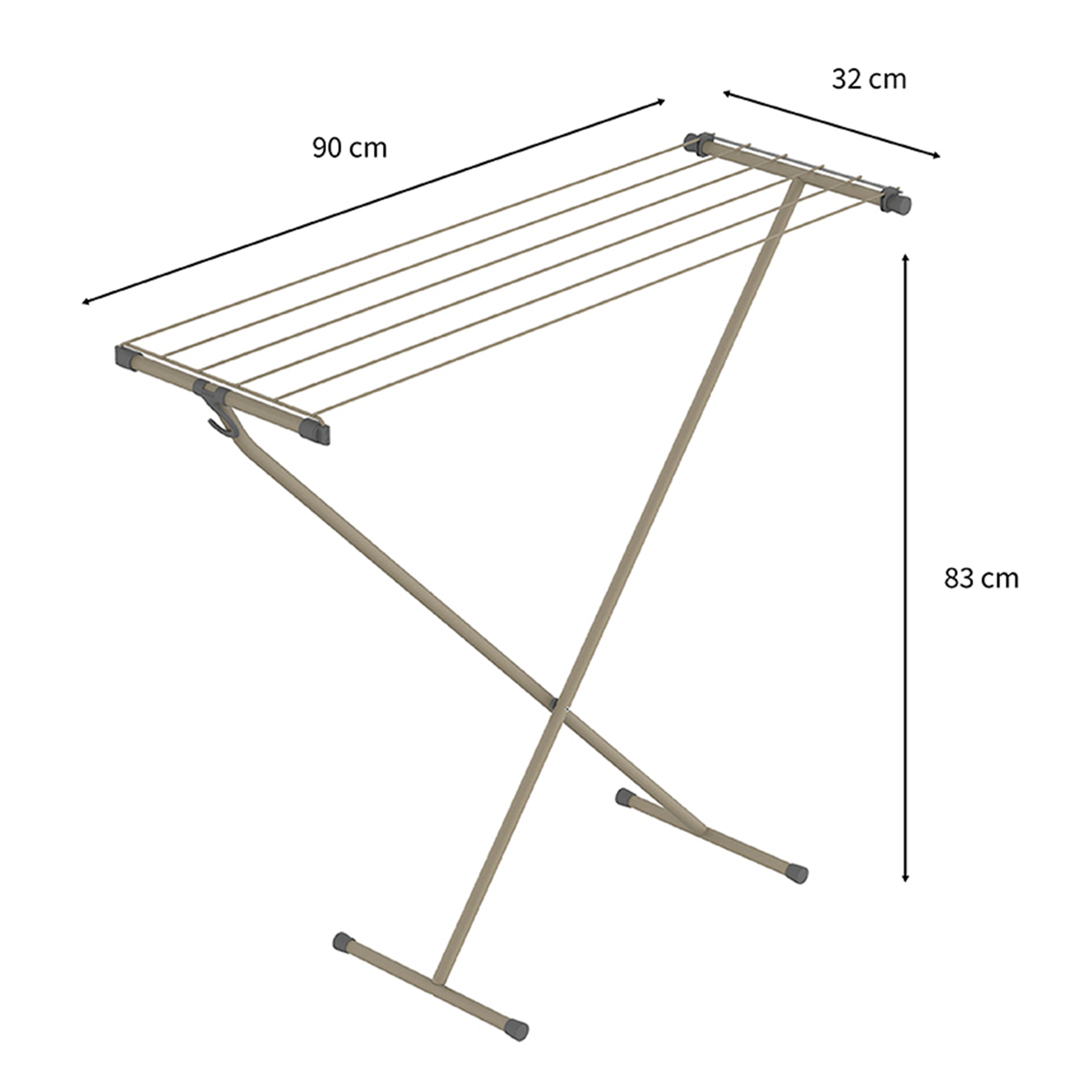 Un étendoir à linge pliable mesurant 90x32x83 cm.
