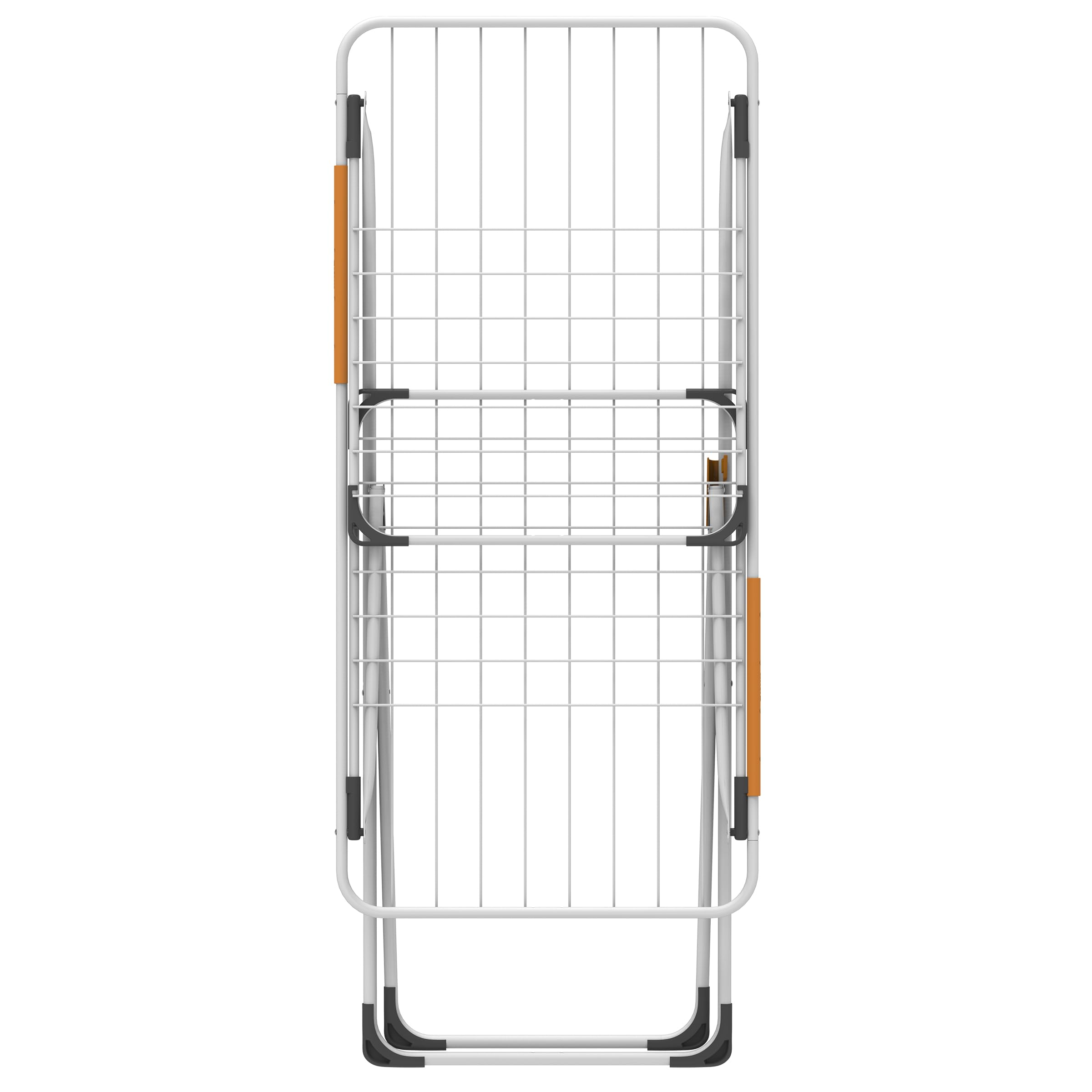 A white drying rack with orange handles, isolated on a white background.
