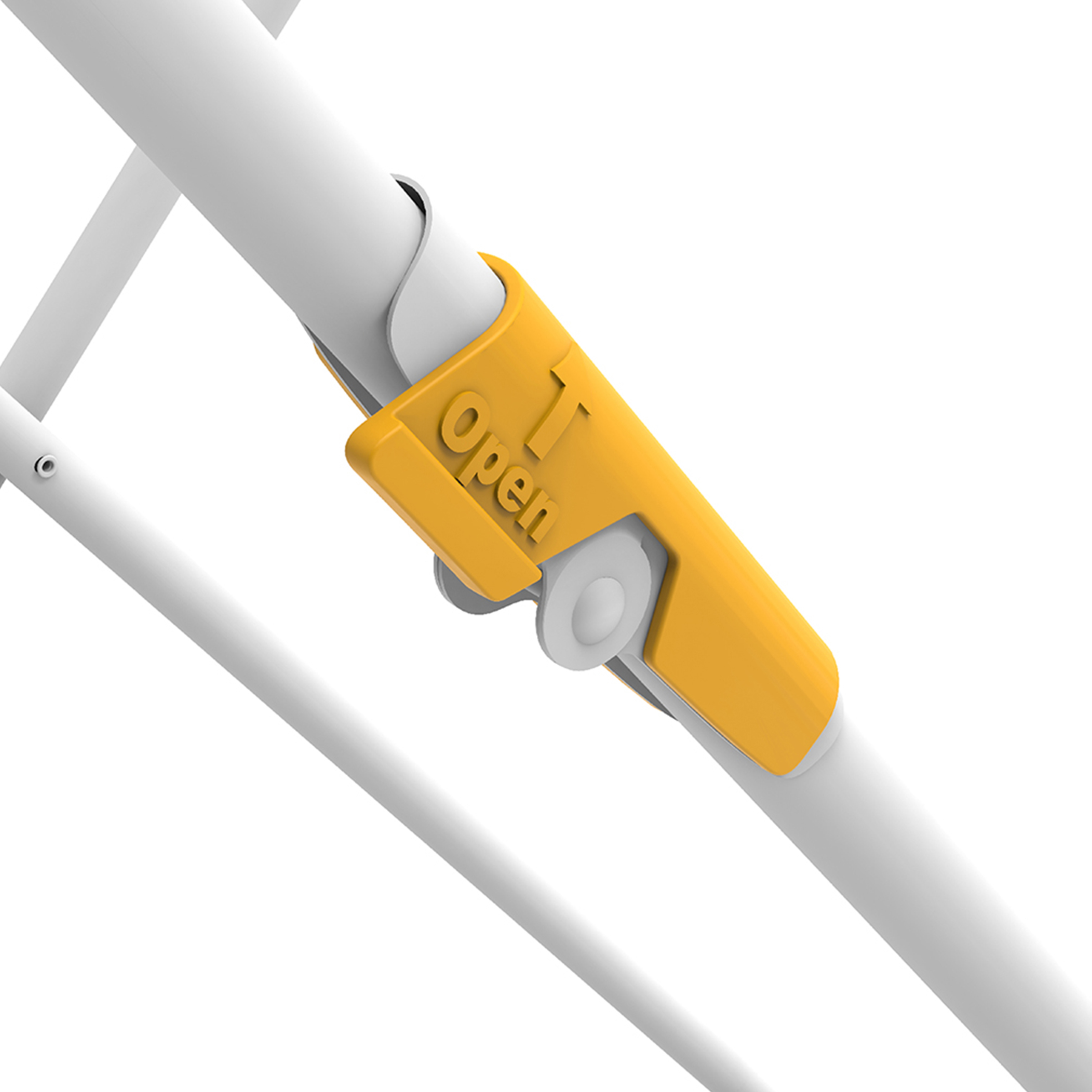 A yellow plastic clip with "Open" text on a white tube.