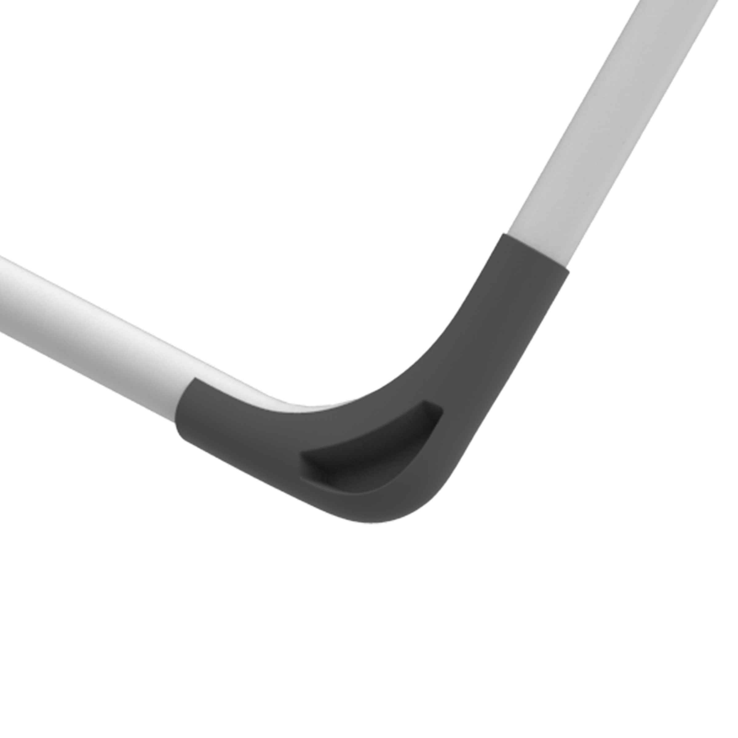 A close-up of a white tube bending with a dark gray joint.