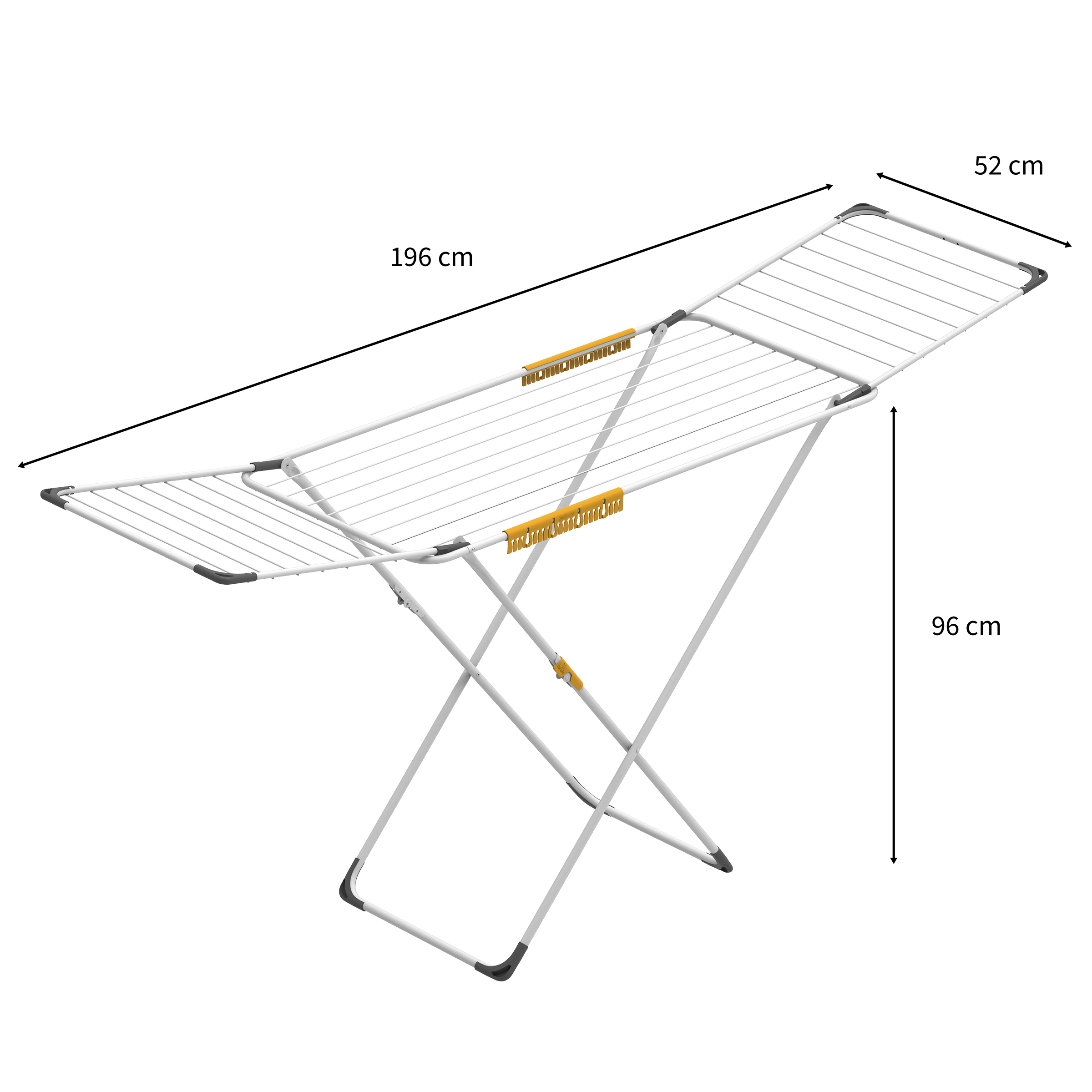 A white clothes drying rack with yellow clip holders, dimensions 196x52x96 cm.