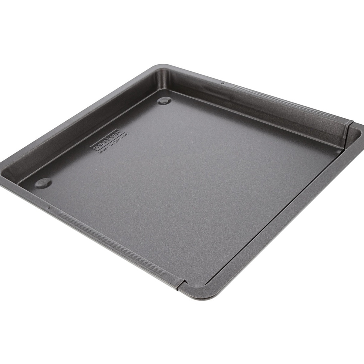 Teglia da forno grigia con bordo scanalato e logo "Zenker Made in Germany".
