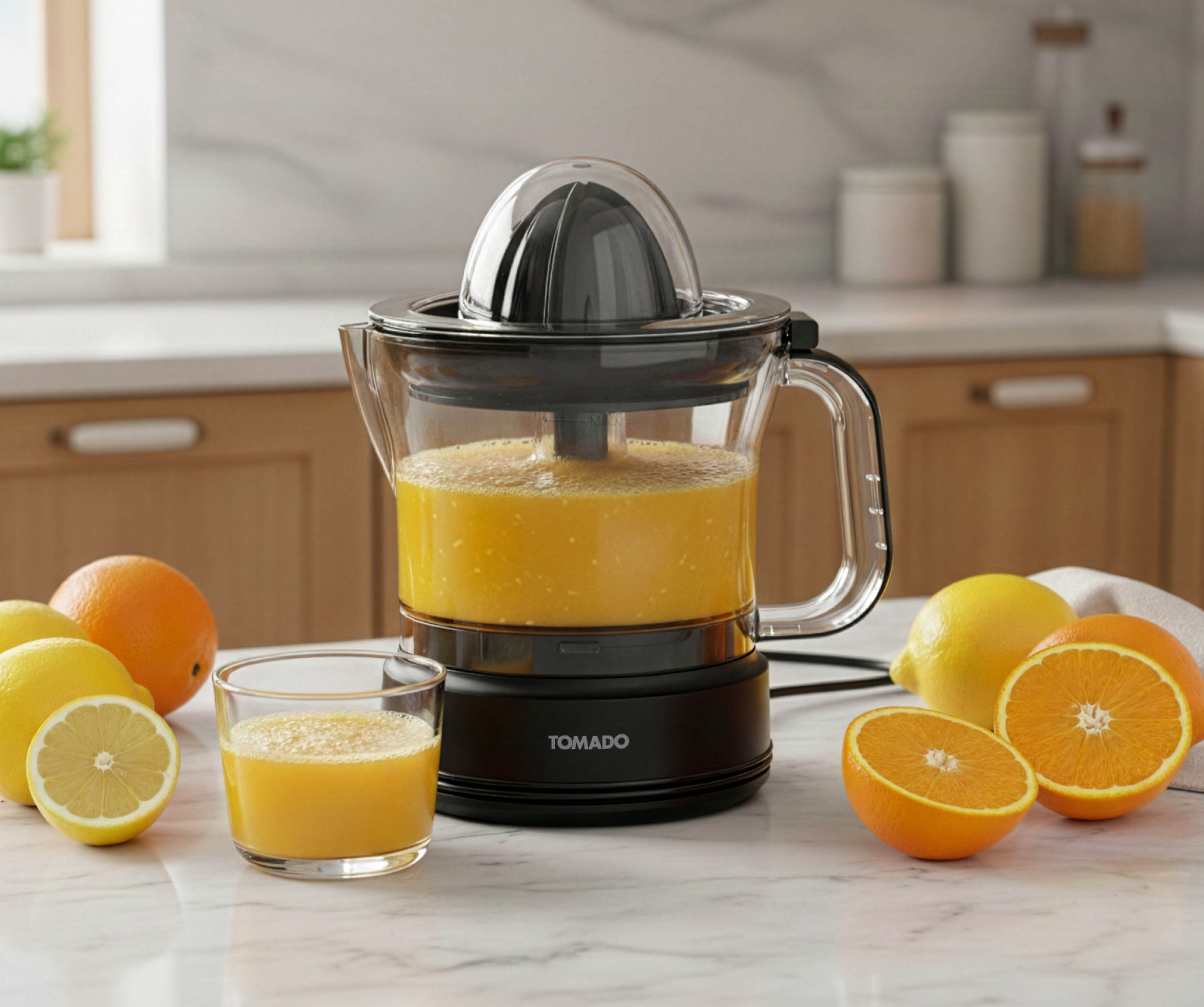 Een elektrische citruspers met sap en fruit op een marmeren oppervlak.