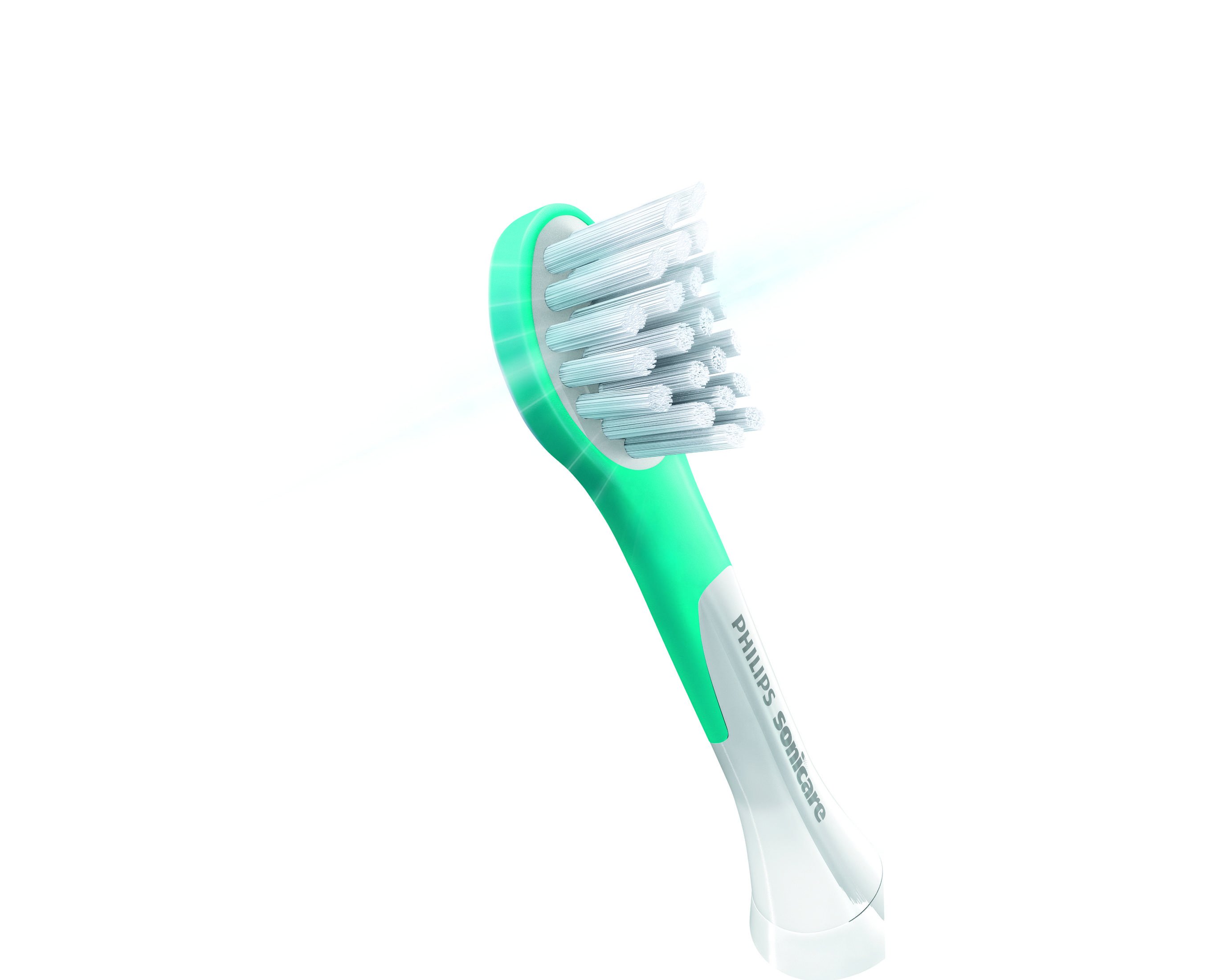 Ein türkisfarbener Philips Sonicare Zahnbürstenkopf mit weißen Borsten.
