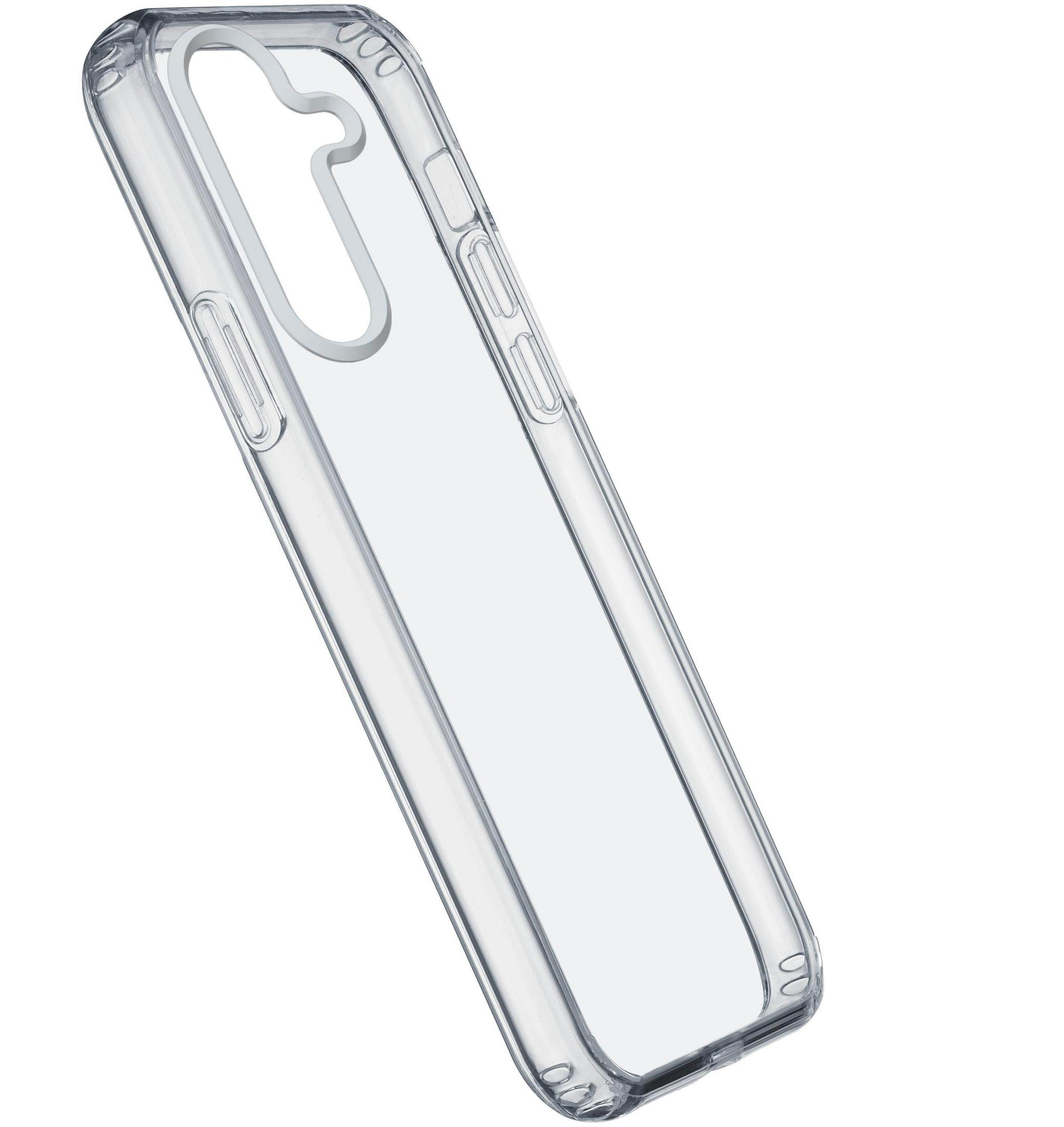 Custodia trasparente per telefono con ritagli per fotocamera e pulsanti.