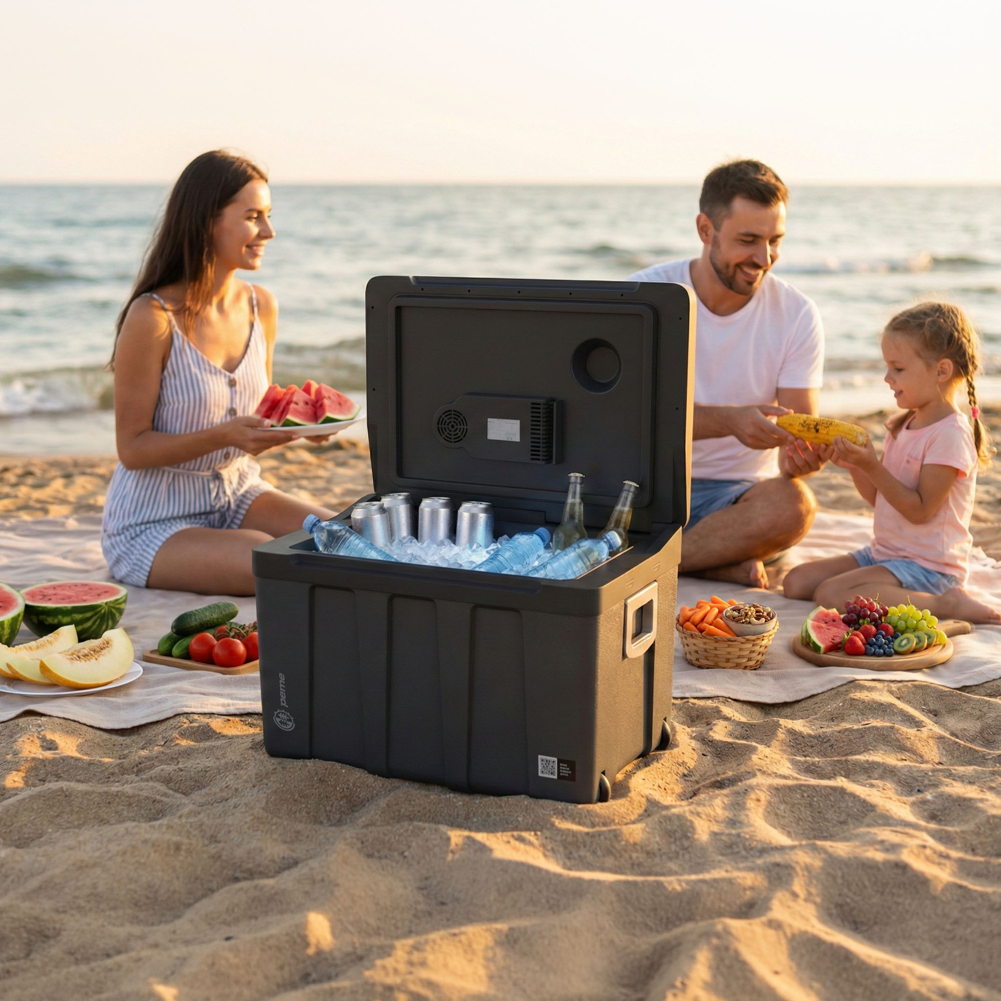 Familia disfruta de un picnic en la playa con una nevera llena de bebidas y frutas.
