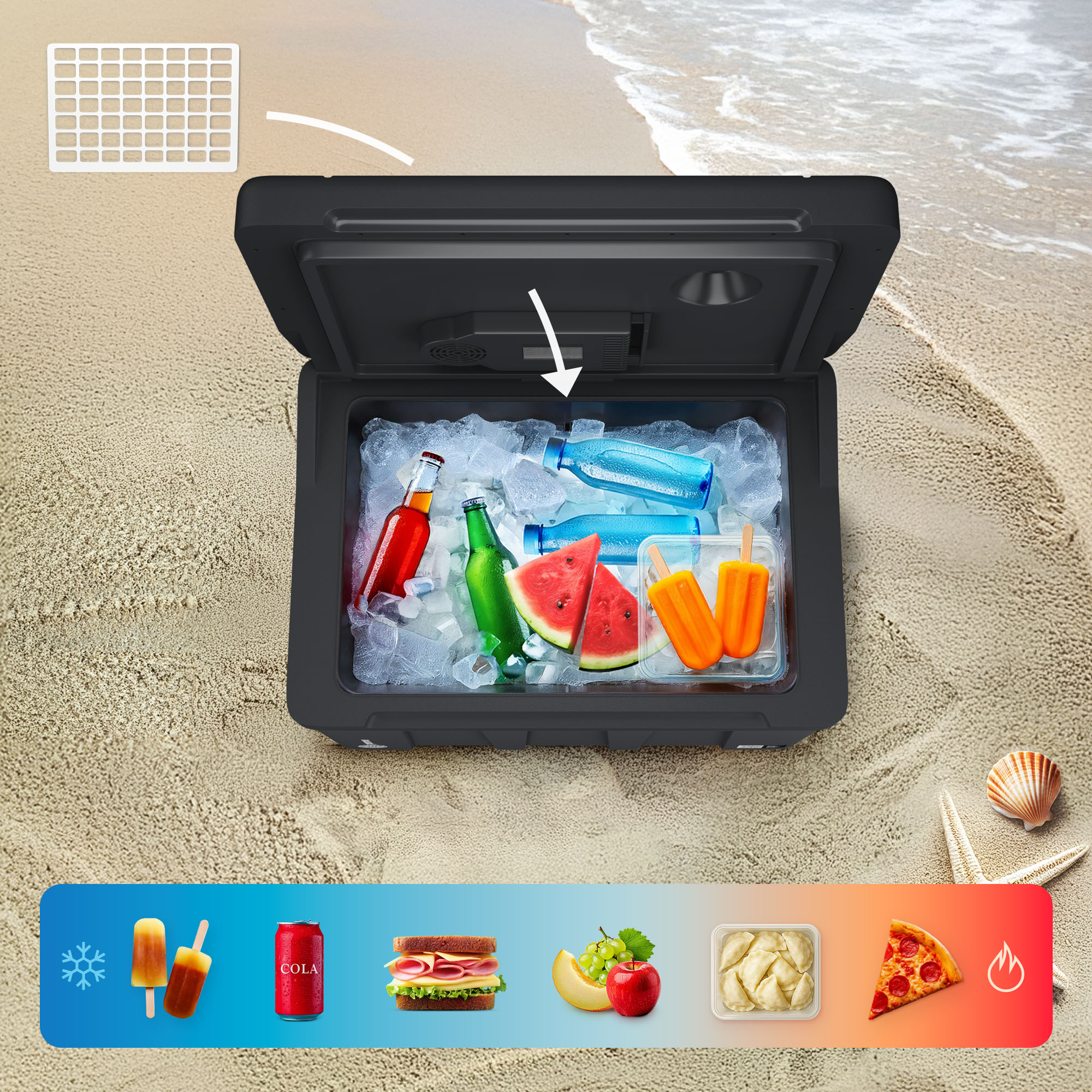 Una nevera abierta en la arena con hielo, bebidas, sandía y helados.