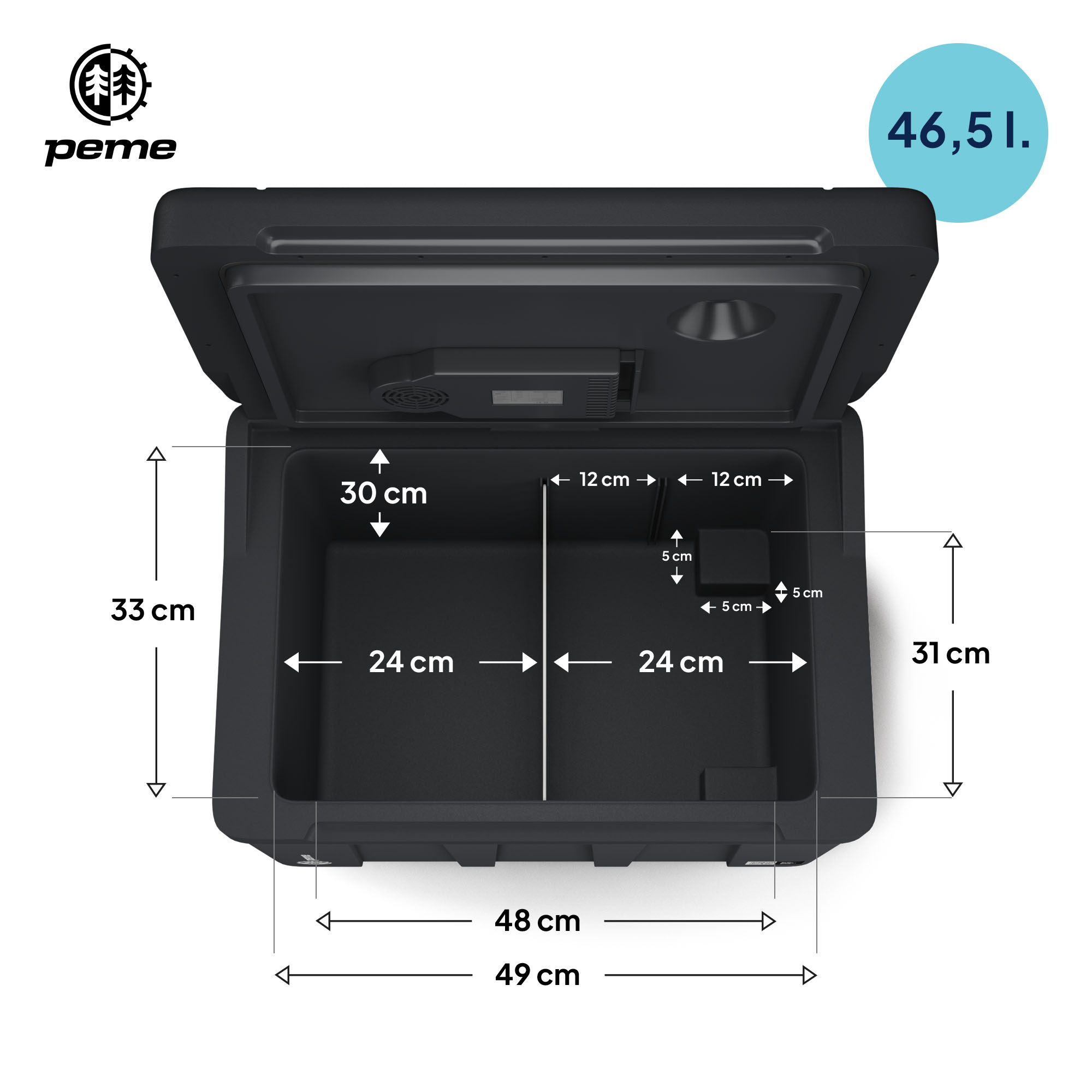 Nevera negra con dimensiones y tapa abierta. 46,5 litros.