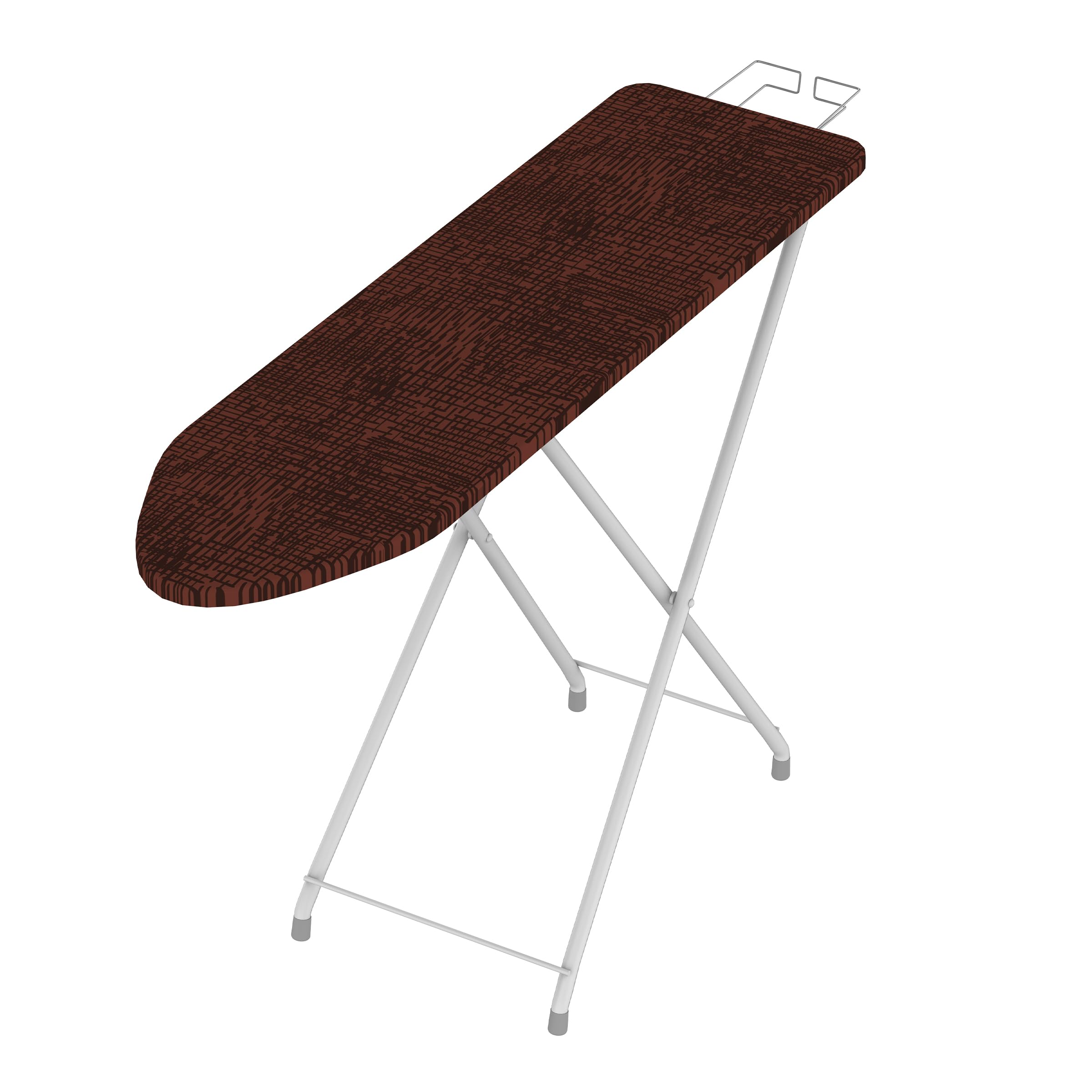 Une planche à repasser marron à motif grain de bois et cadre blanc.