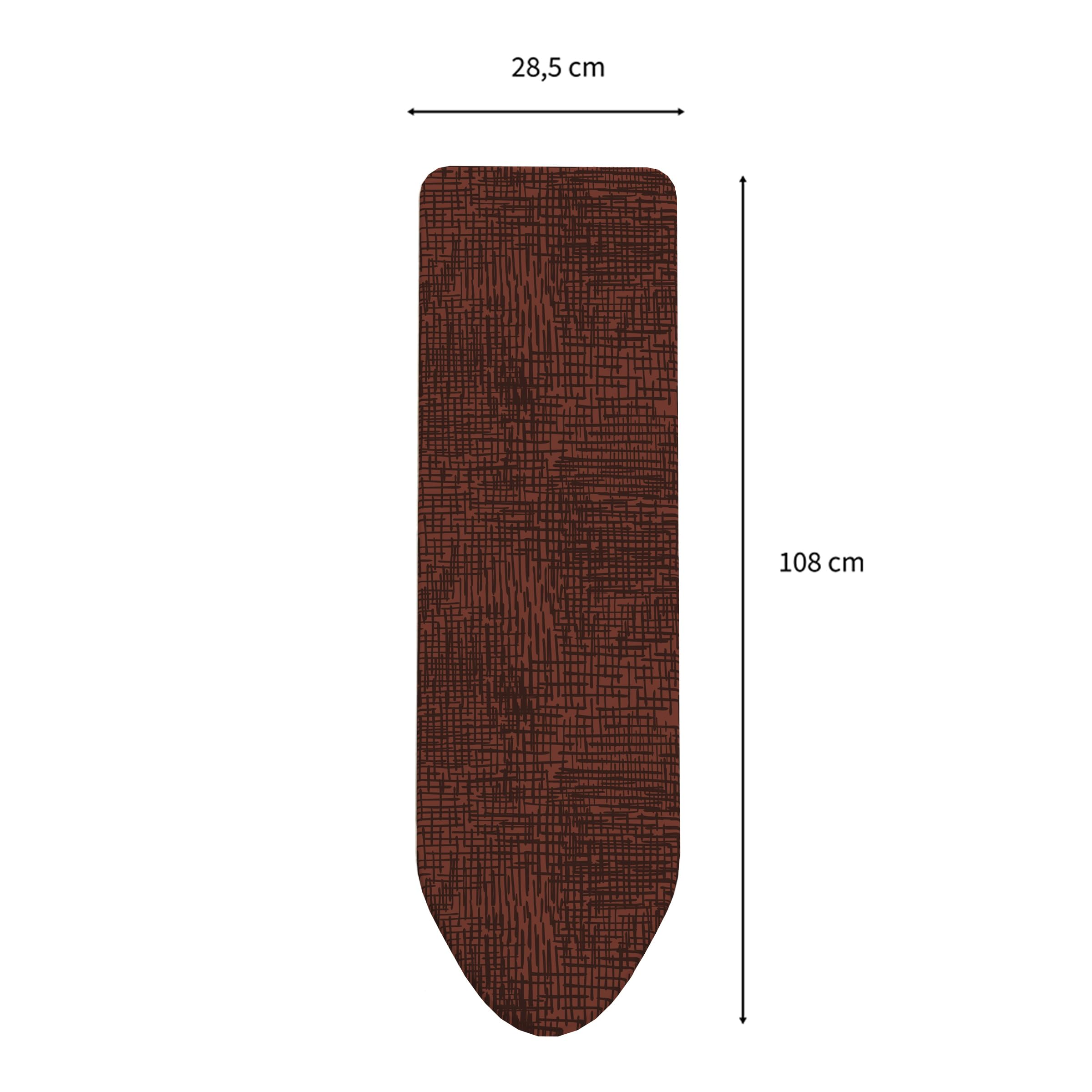 Une housse de planche à repasser marron à motif, 28,5 cm de large et 108 cm.
