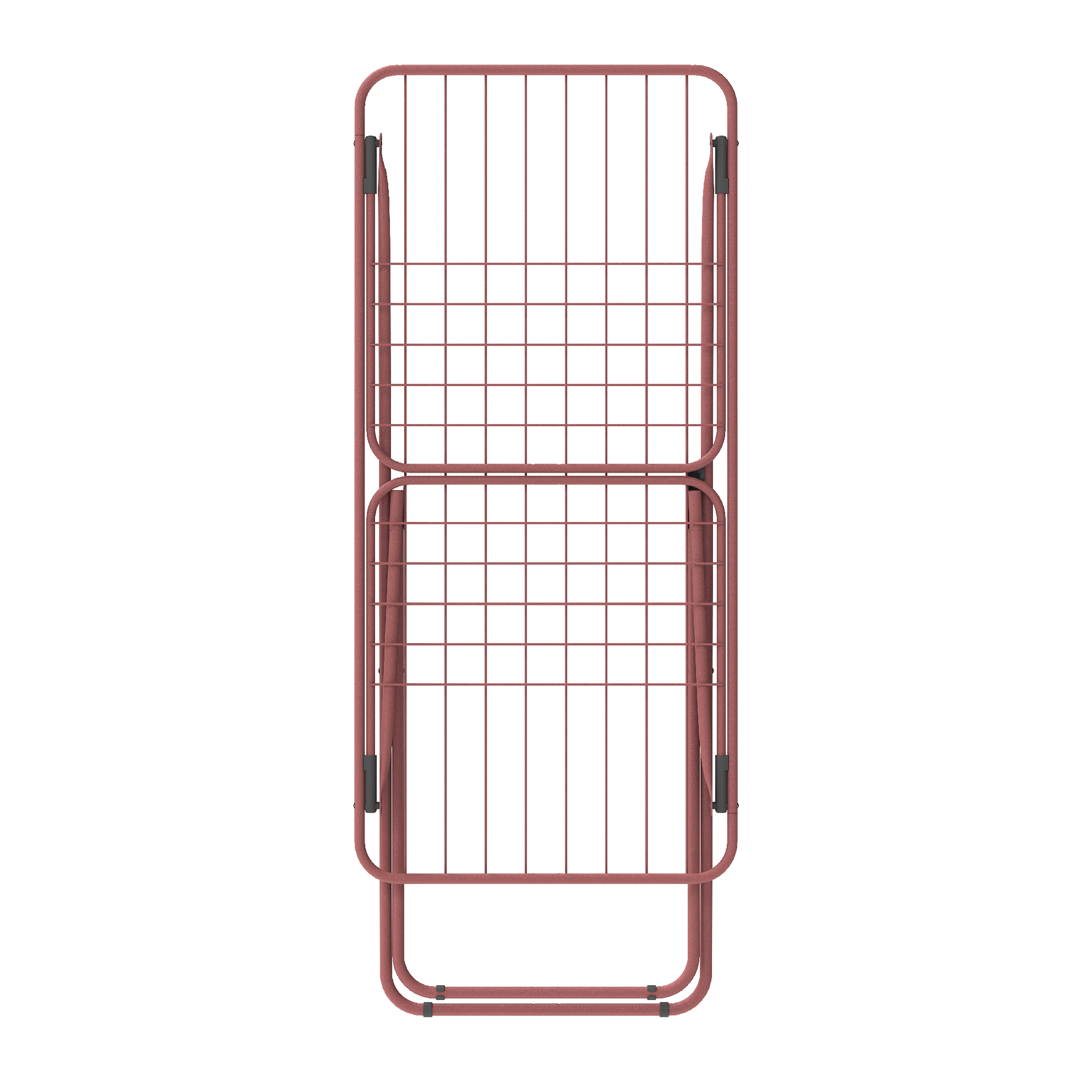 A folded, rose-colored metal drying rack with a grid pattern.