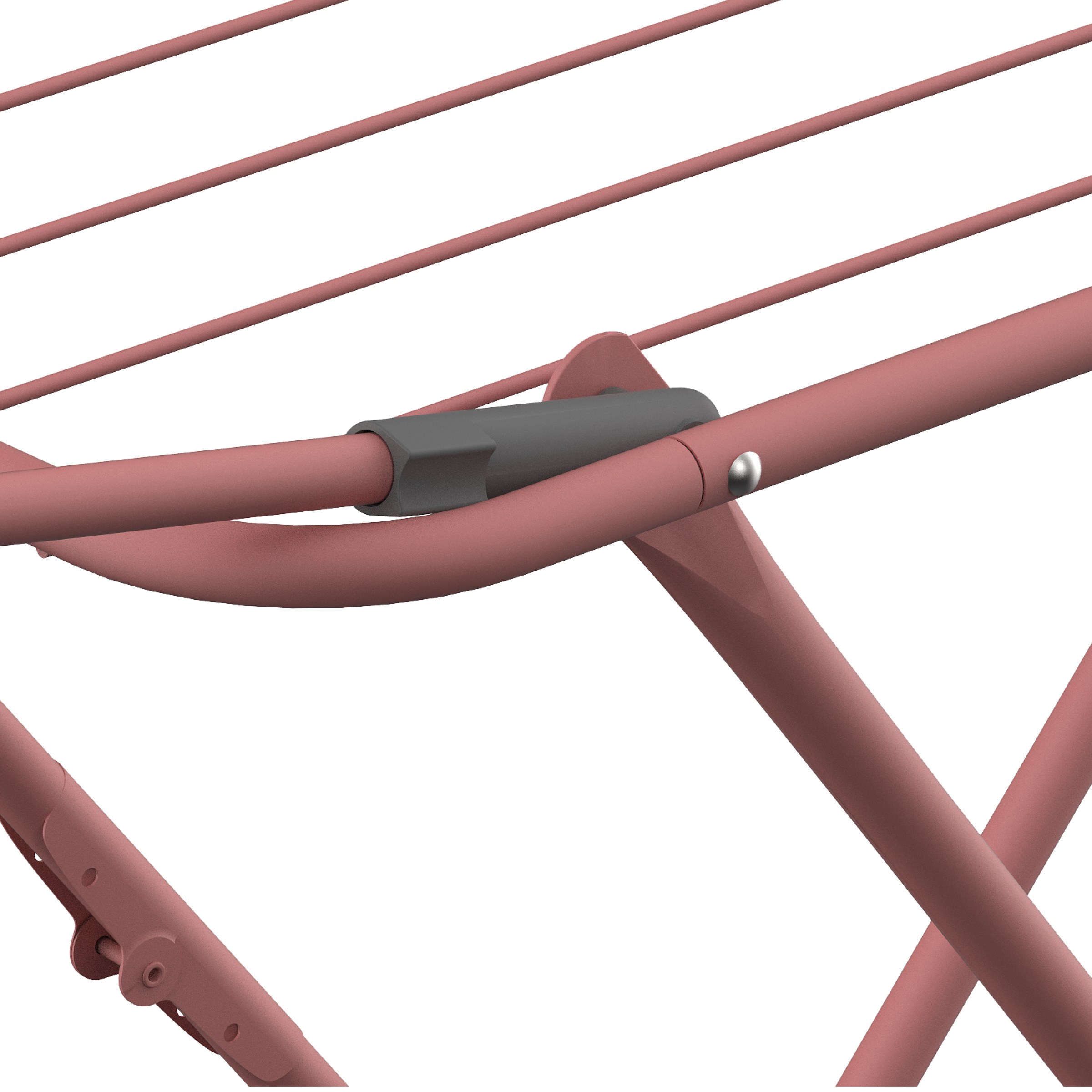 Close-up of a pink drying rack with gray connectors and metal rods.