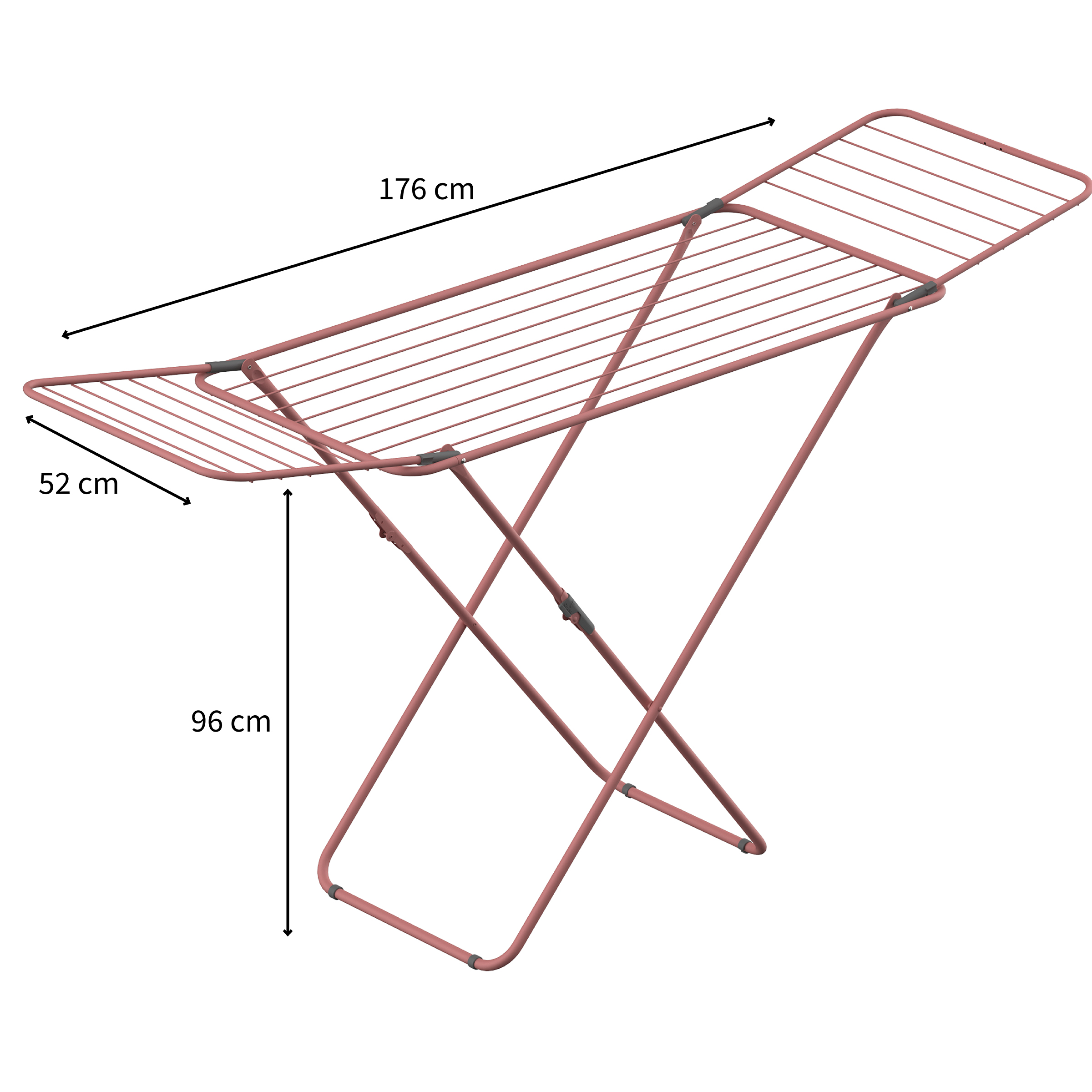 A pink drying rack with dimensions: 176 cm long, 52 cm wide, 96 cm high.