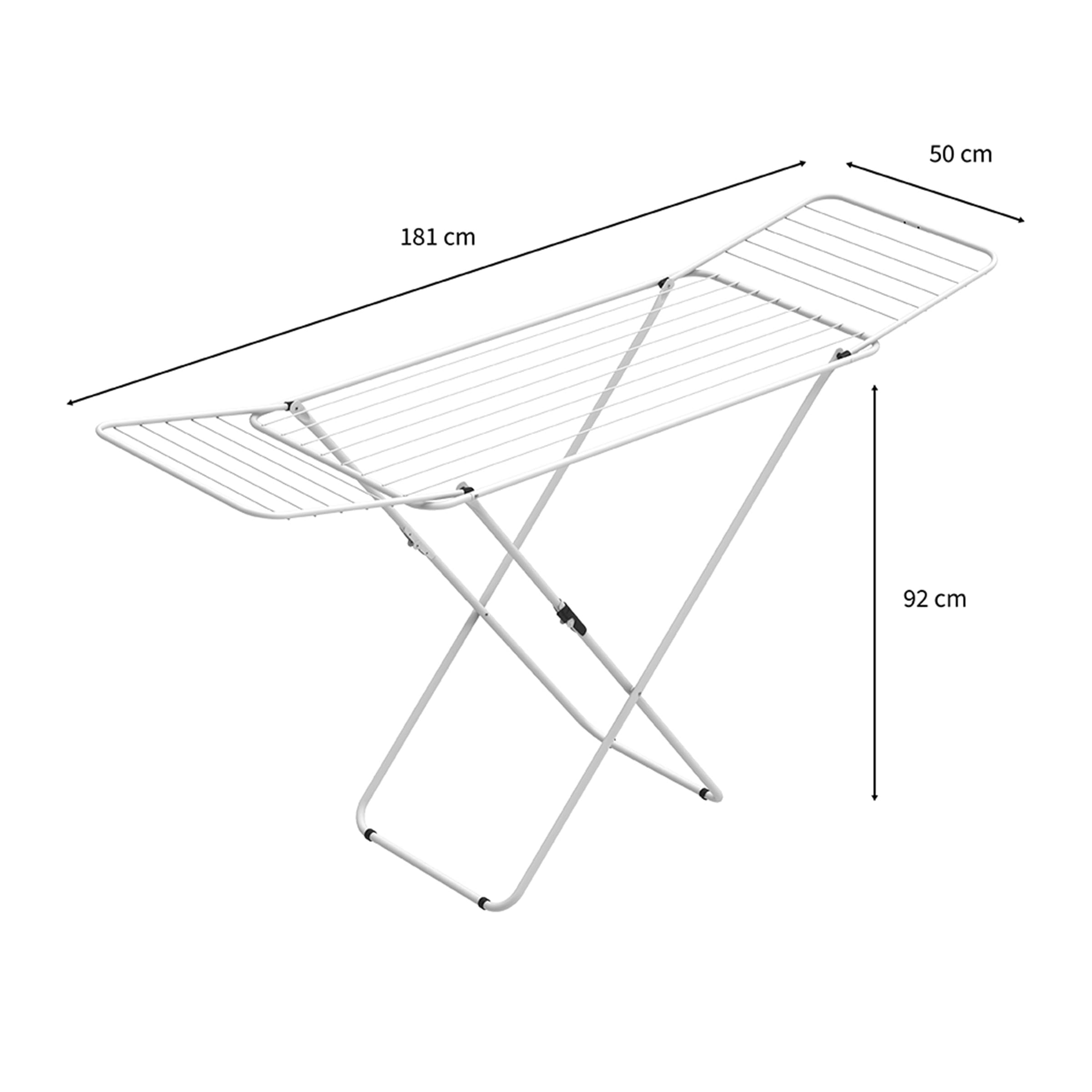 A white clothes drying rack with dimensions 181x50x92 cm.