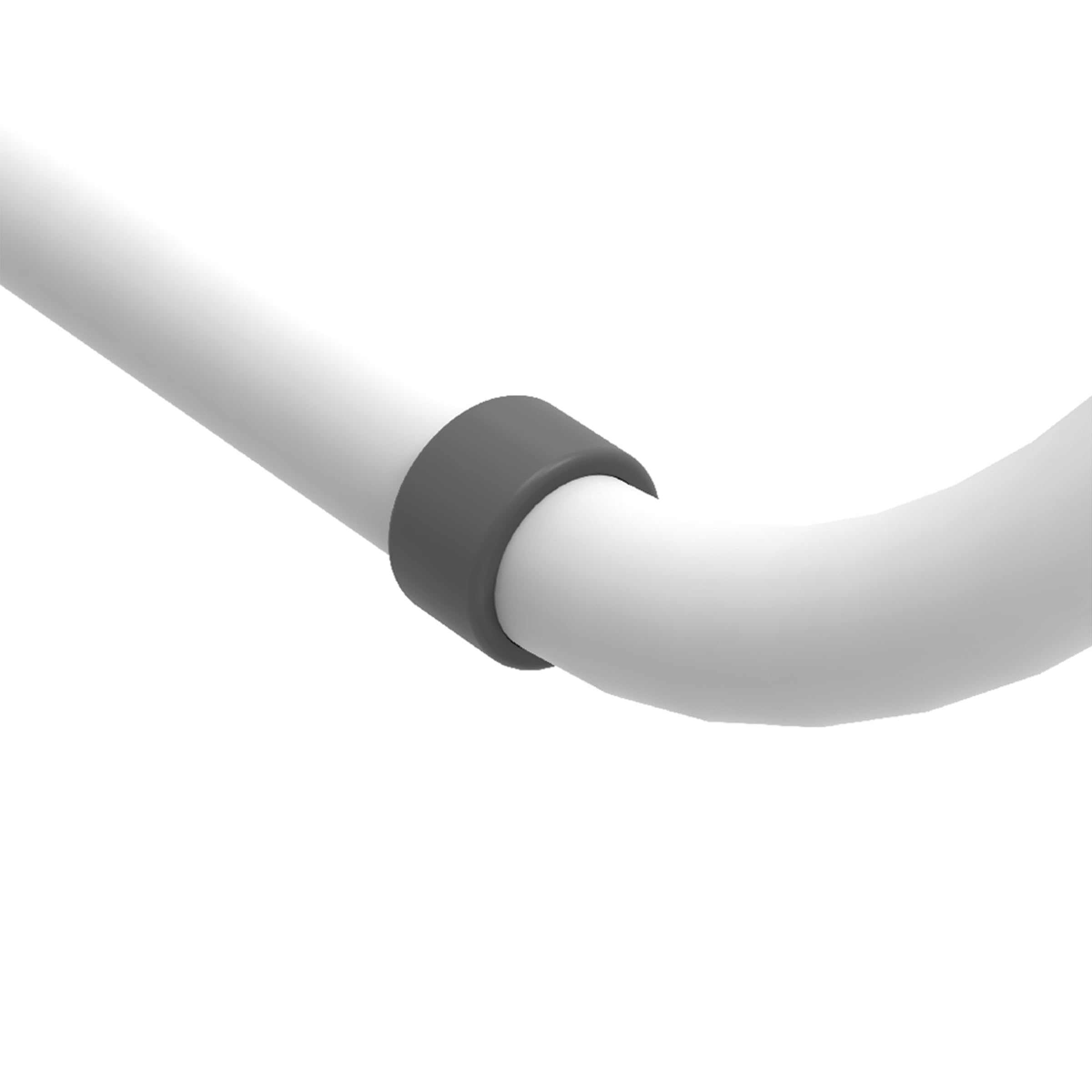 A gray ring holds two bending white pipes together.