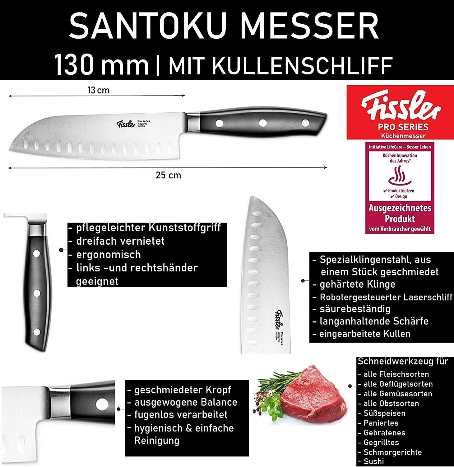 Fissler Santoku Messer mit 13cm Klinge, Kunststoffgriff, Stahl und Fleisch.