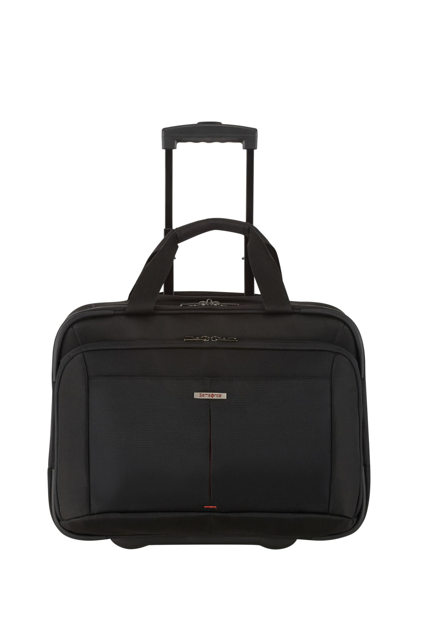 Borsa da viaggio nera con manico estraibile e ruote, con cuciture rosse.