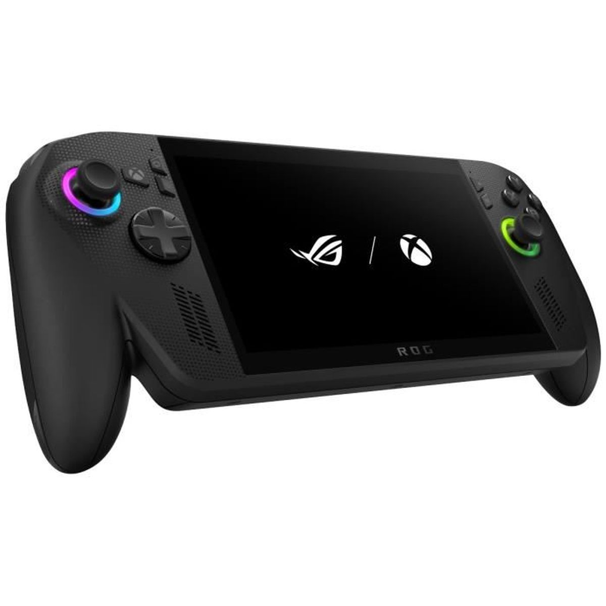 Schwarzer Handheld-Gaming-PC mit ROG-Logo und Xbox-Symbol auf dem Bildschirm.