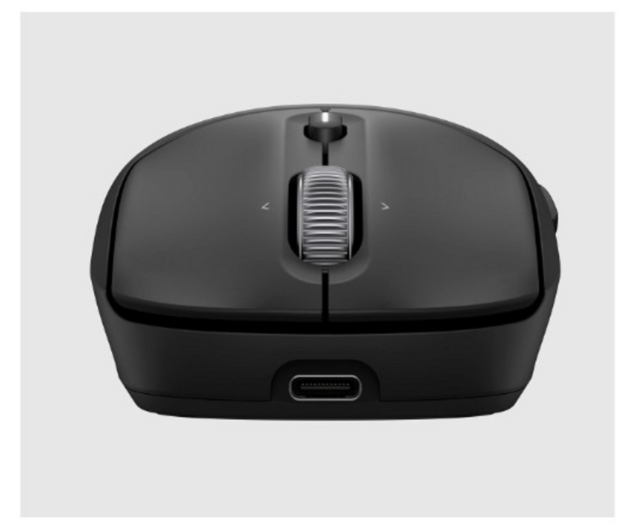 Czarna mysz komputerowa z kółkiem przewijania i portem USB-C.