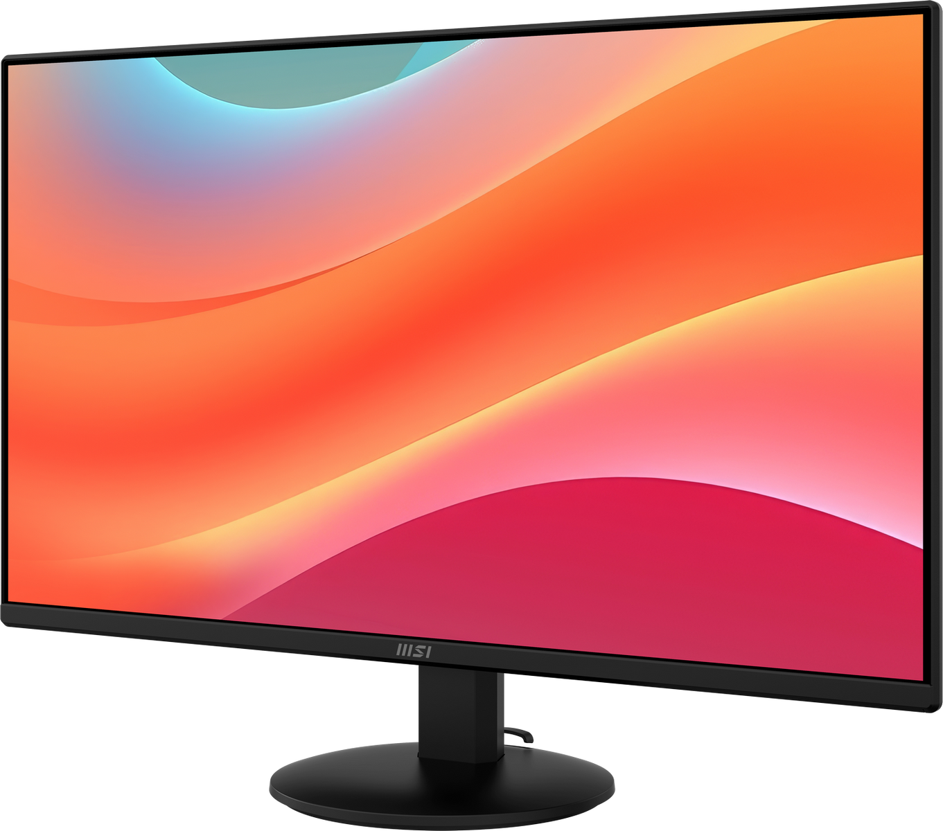 Czarny monitor wyświetla kolorową tapetę z pomarańczowymi i czerwonymi falami.