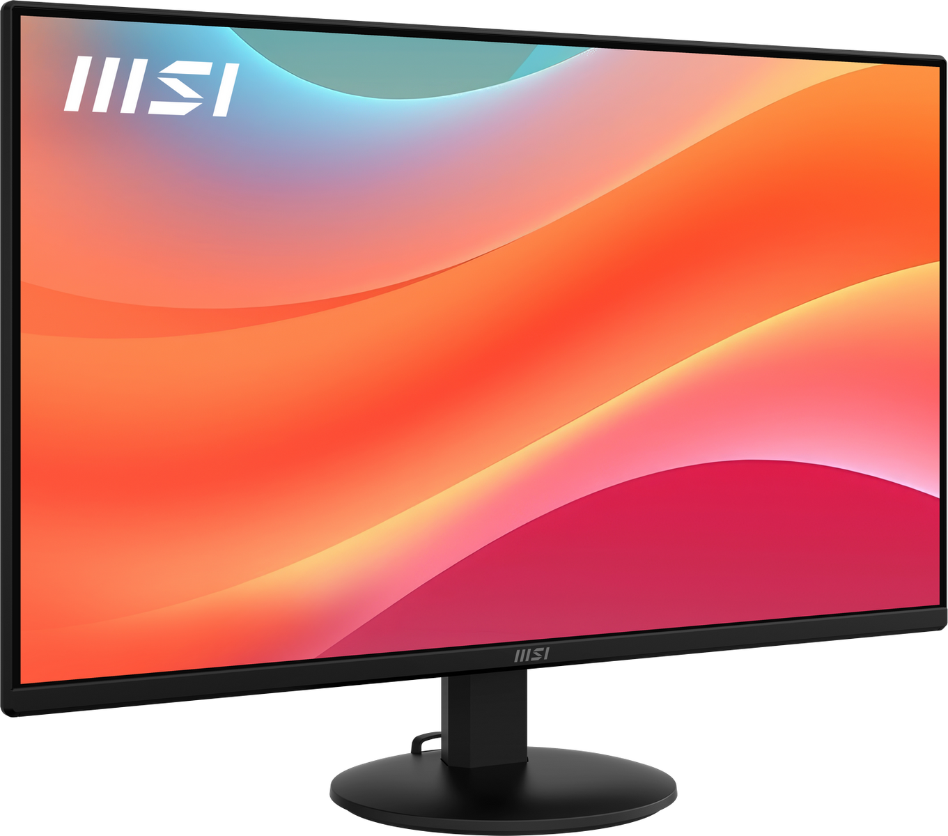 Czarny monitor z logo MSI i kolorowym falistym tłem.