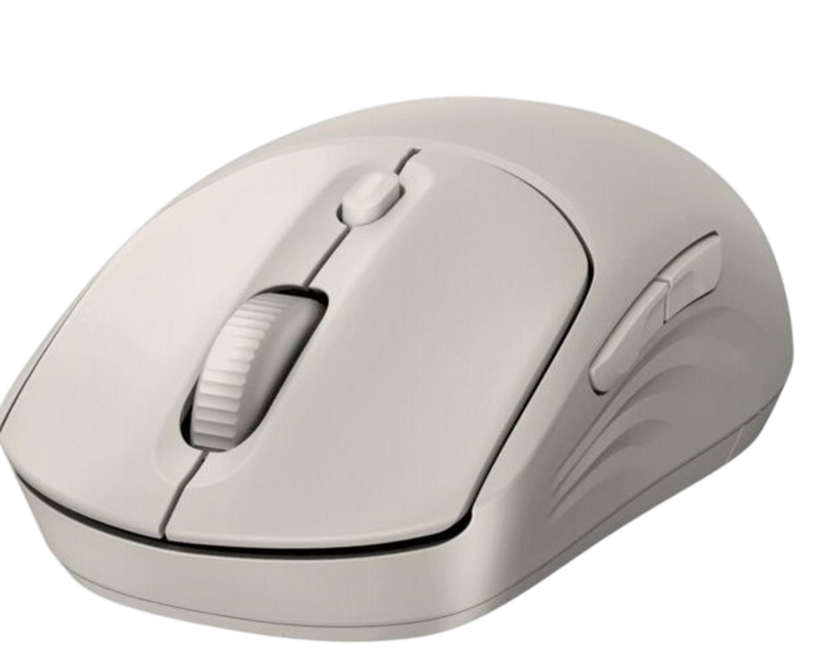 Kremowa mysz komputerowa z kółkiem przewijania i dwoma przyciskami.