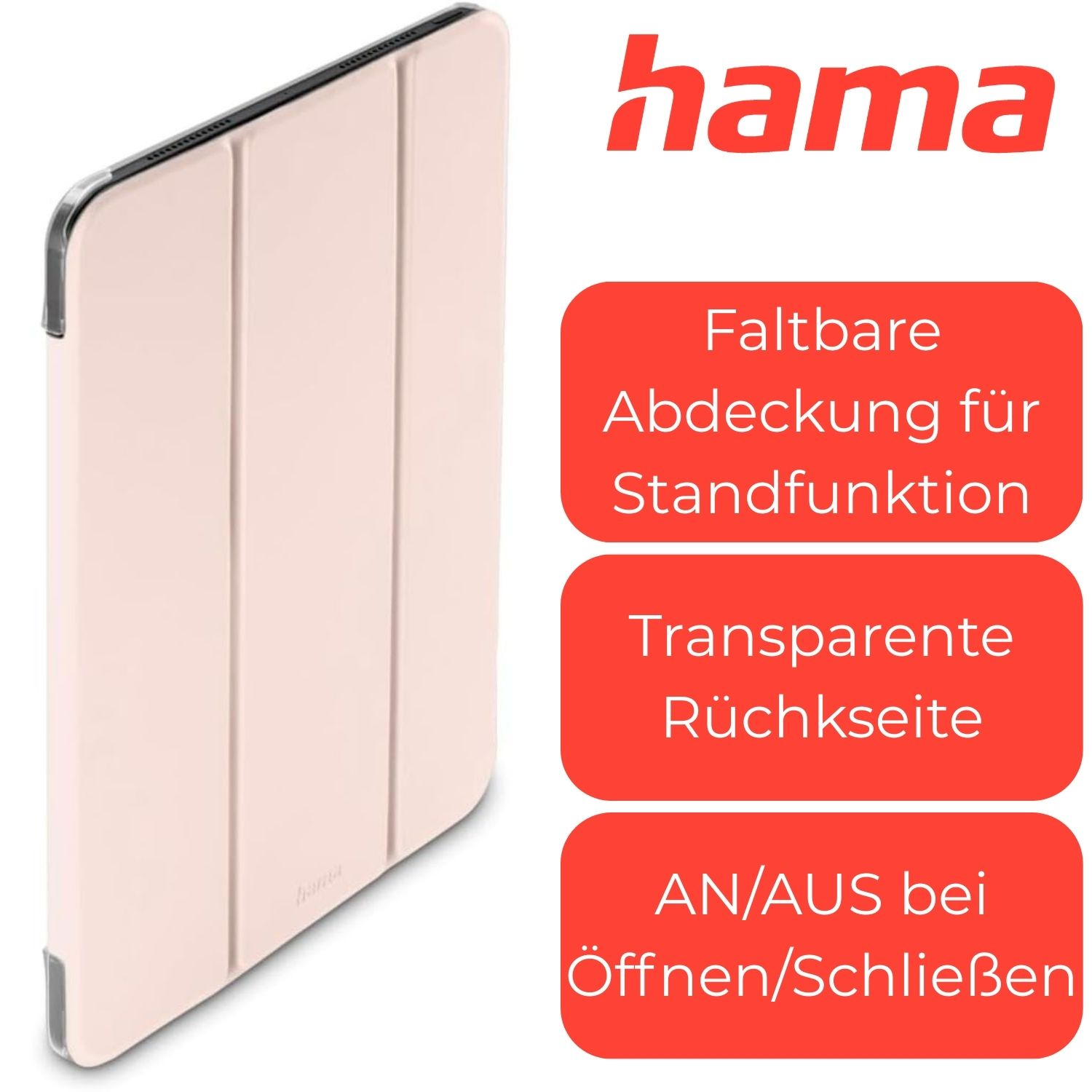 Hama Tablet Hülle: faltbar, transparent, AN/AUS bei Öffnen/Schließen.