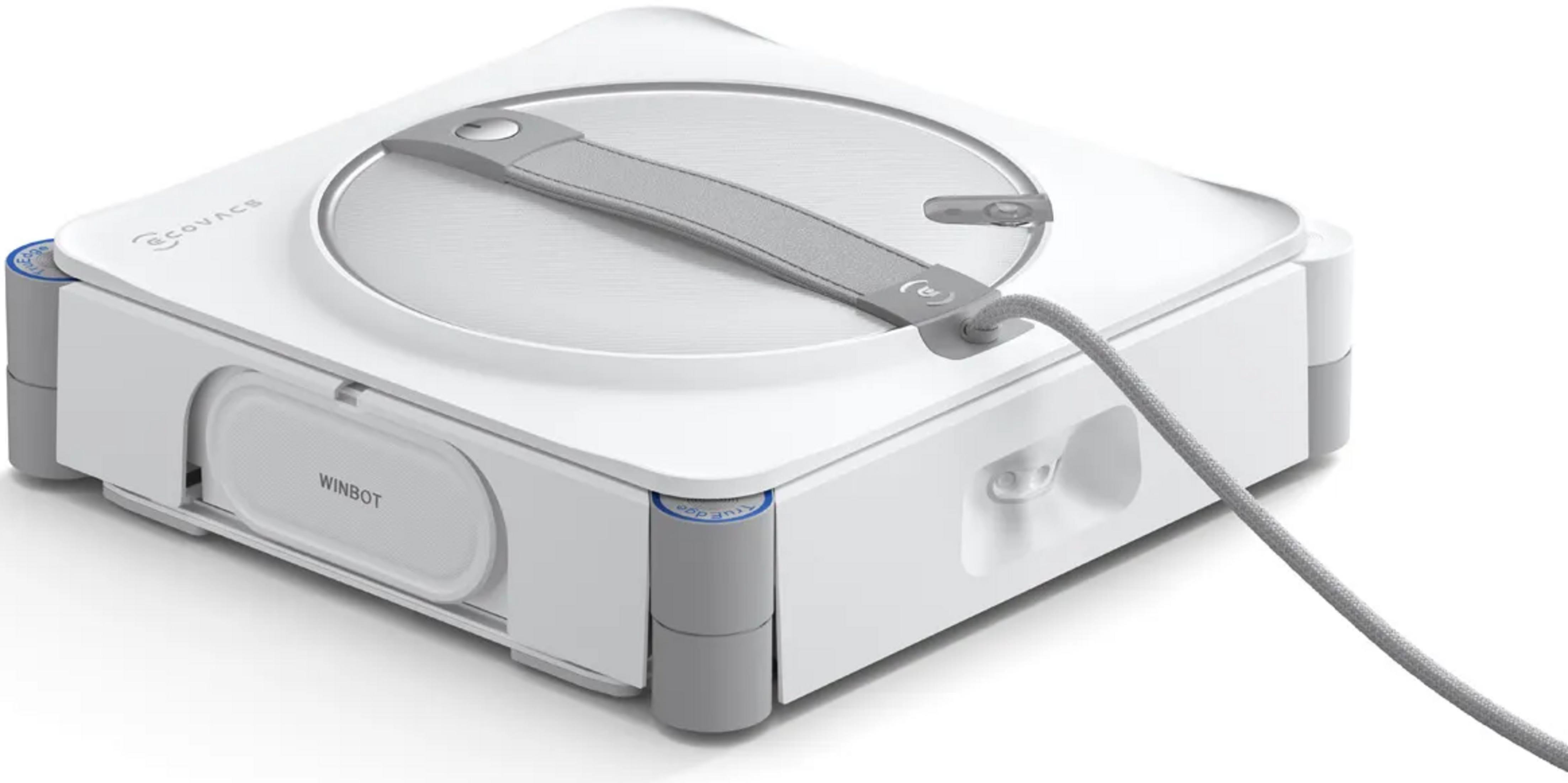 Biały robot do mycia okien z szarą rączką i kablem.