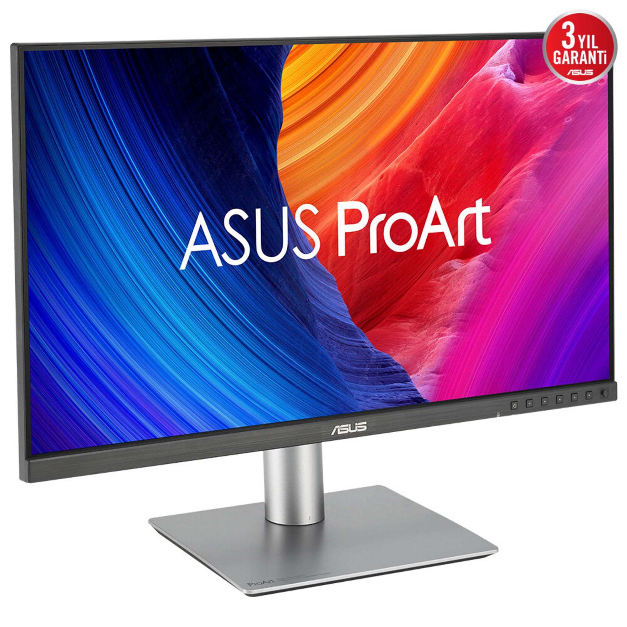 Monitor ASUS ProArt z abstrakcyjnym niebiesko-pomarańczowym tłem.