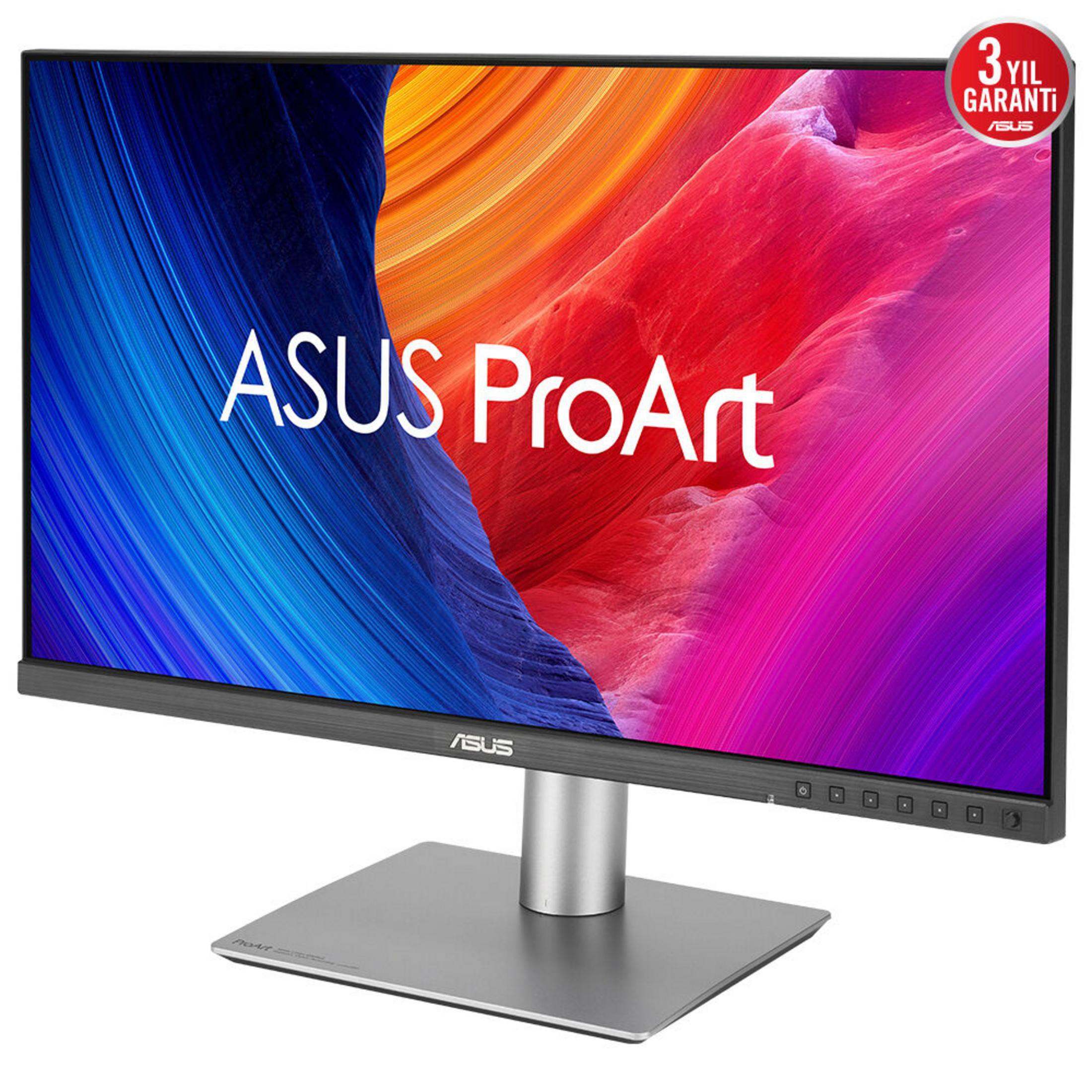 Monitor Asus ProArt z kolorowym, abstrakcyjnym tłem i naklejką gwarancyjną.