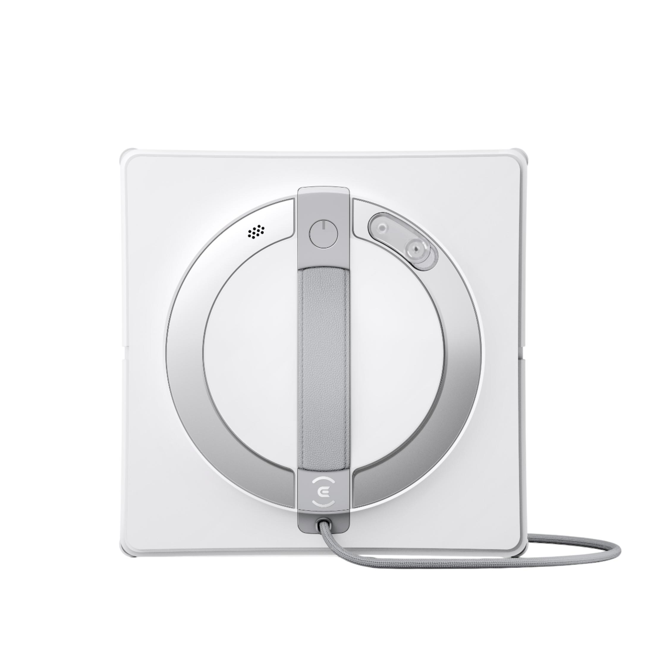 Biały robot do czyszczenia okien ze srebrnym uchwytem i kablem na białym tle.