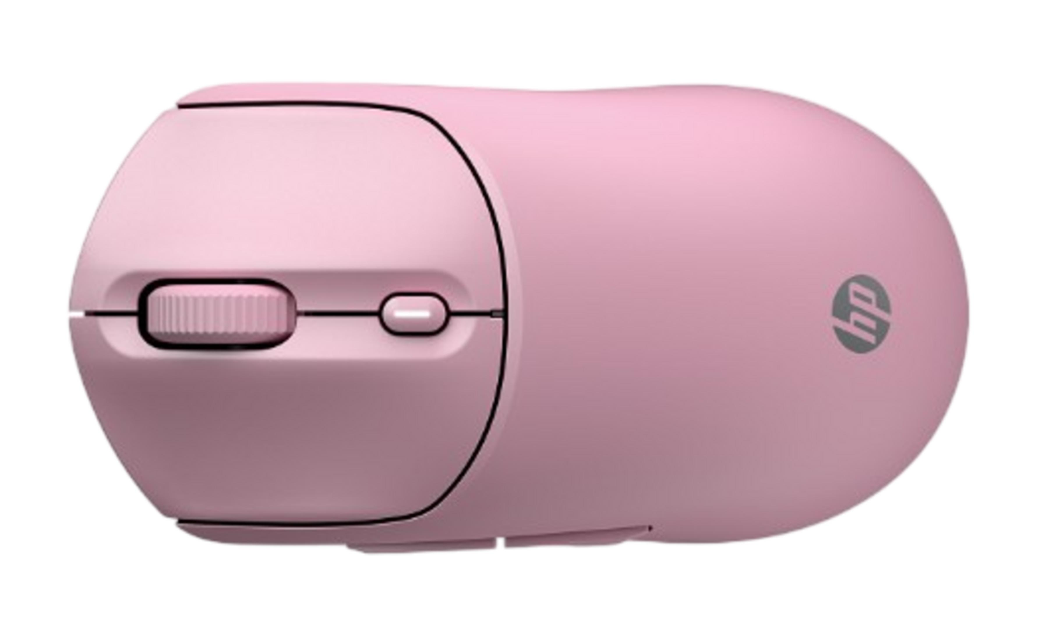 Mała, różowa mysz komputerowa HP z kółkiem przewijania i widocznym logo HP.
