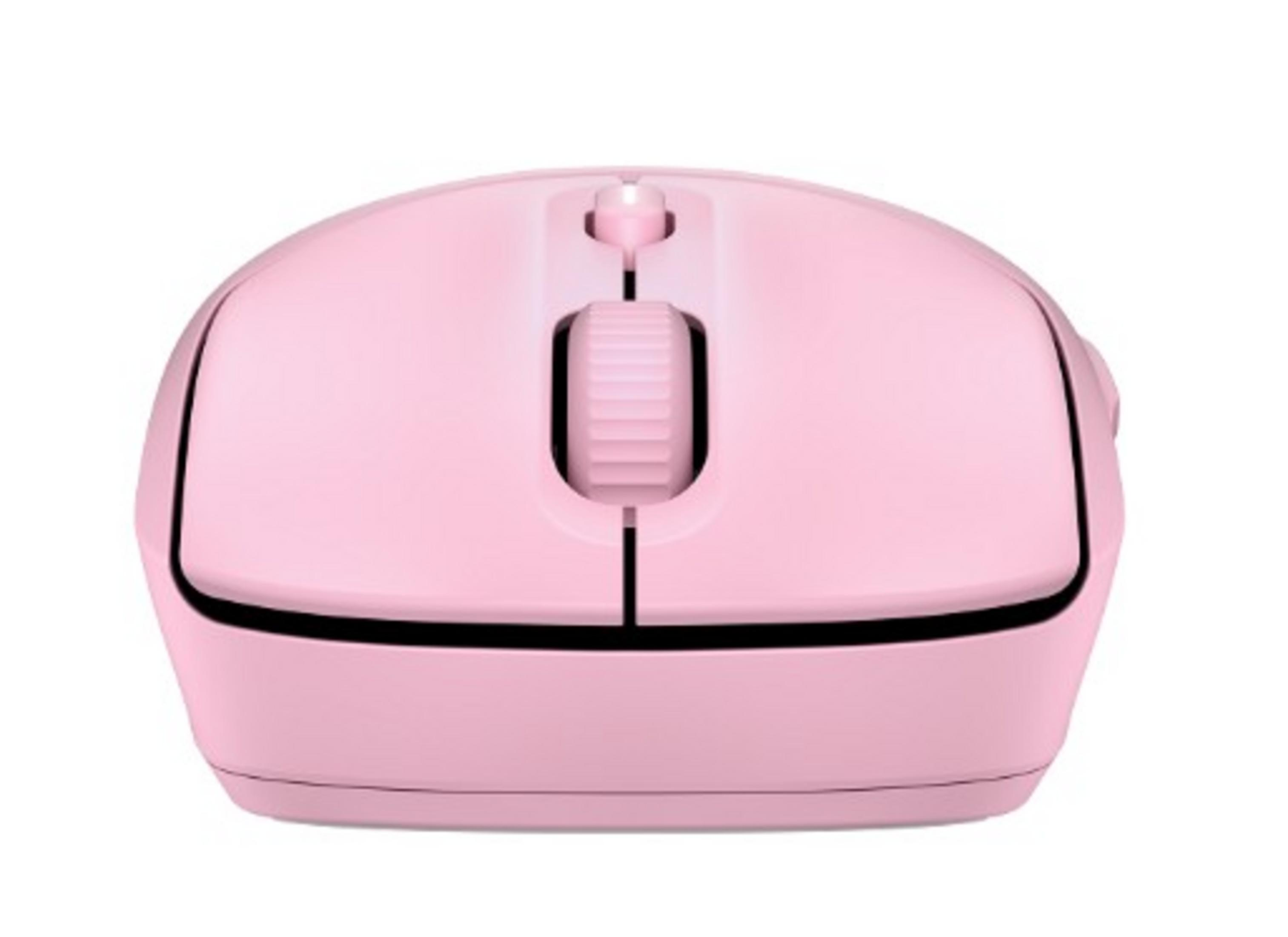 Różowa mysz komputerowa z kółkiem przewijania i dwoma przyciskami.