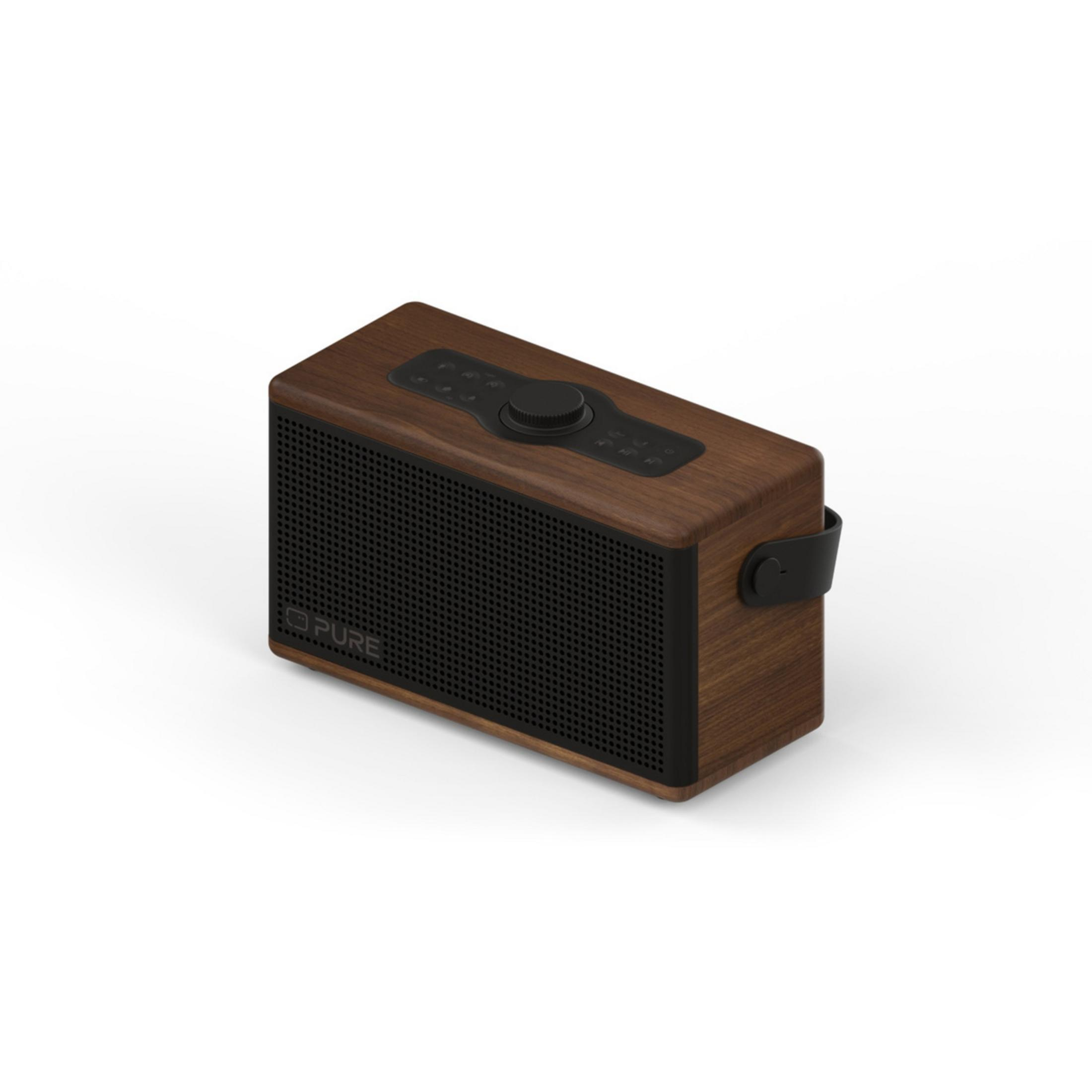 Une enceinte en bois marron avec grille noire et commandes dessus.