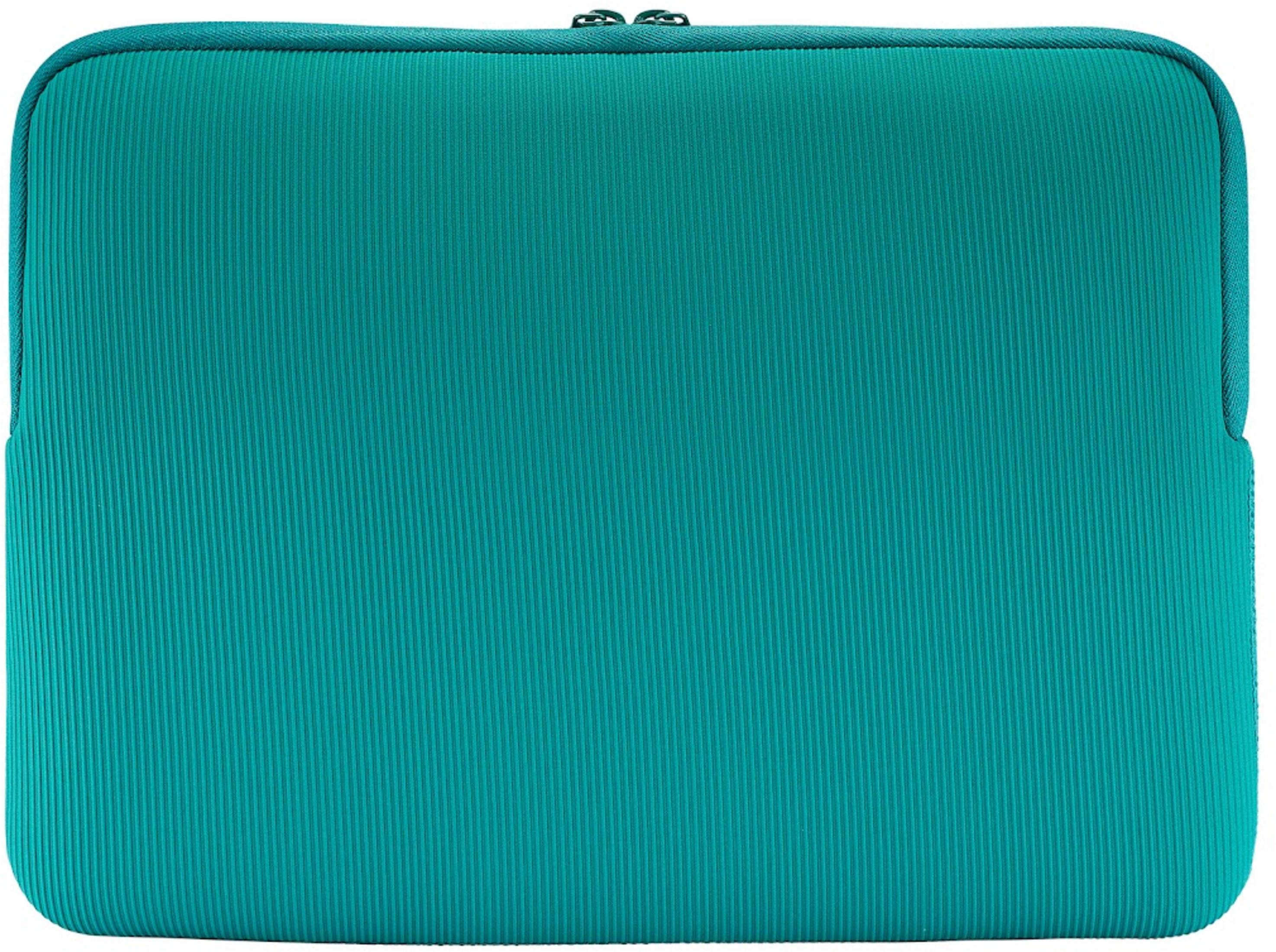 A teal laptop sleeve with fine ribbed texture and a zipper closure.