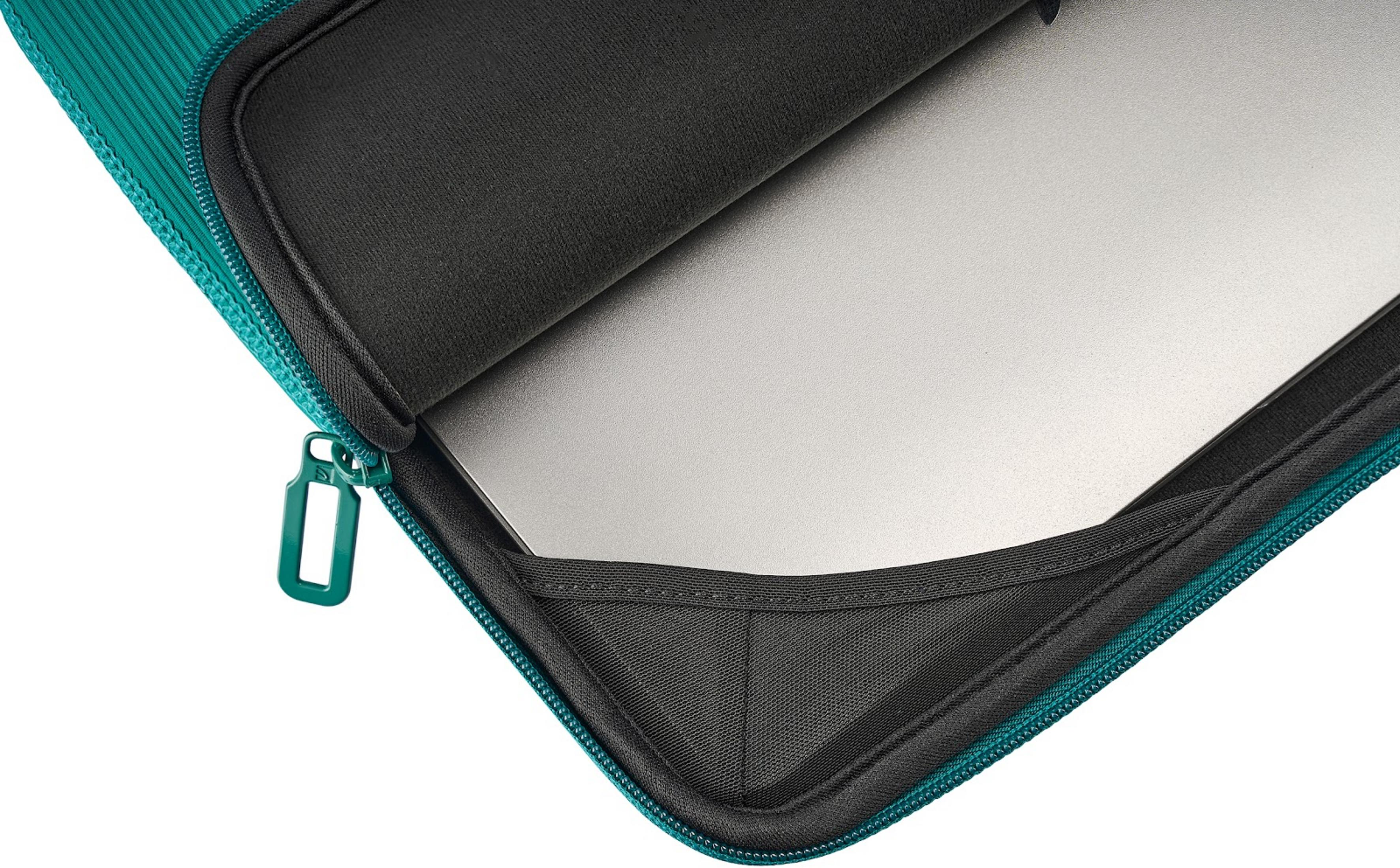 A teal laptop sleeve, partially open, showing a silver laptop inside.