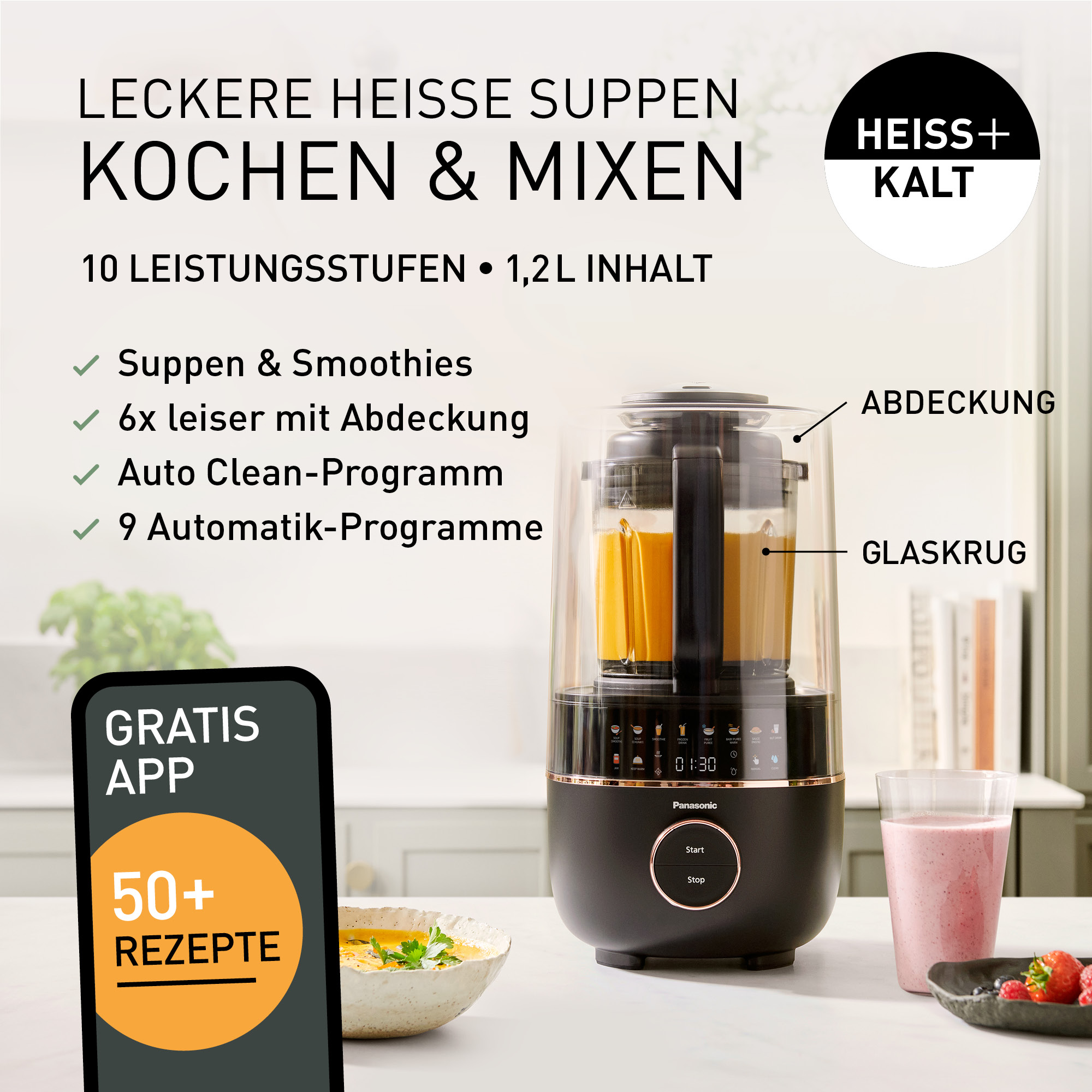 Küchenmaschine mit Glasbehälter, mixt Suppen und Smoothies. "Gratis App 50+ Rezepte".