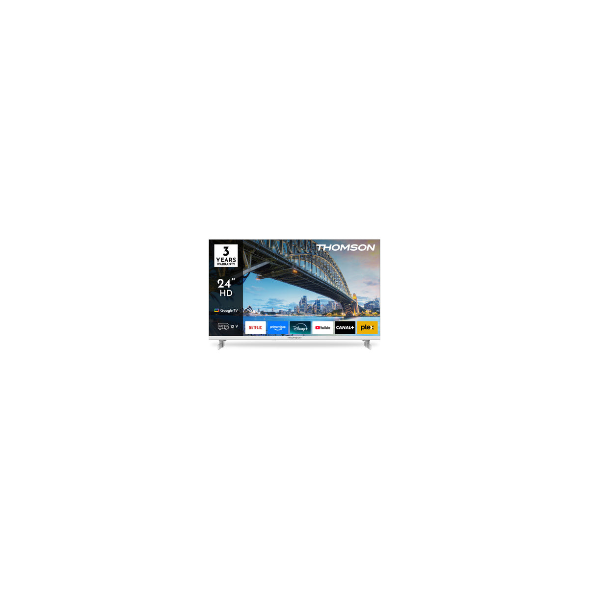 Una TV Thomson HD da 24 pollici con Google TV e icone delle app.