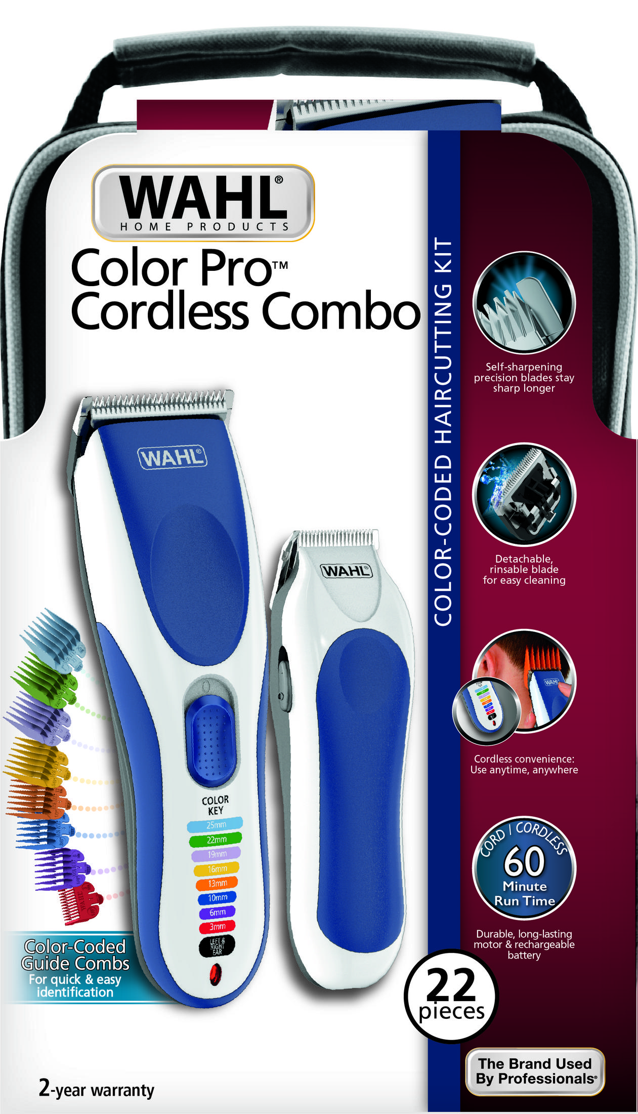 Wahl Color Pro Cordless Combo Haarschneide-Set mit blau-weißen Trimmern und farbigen Kämmen.