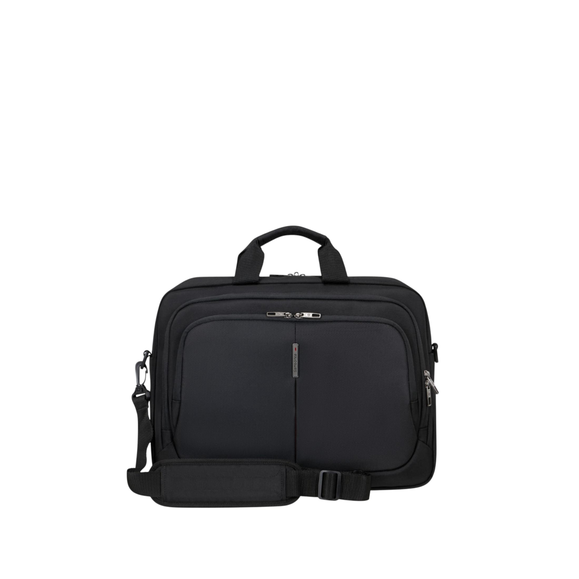 Schwarze Laptoptasche mit Griffen und Schultergurt, vorne Reißverschlusstasche.
