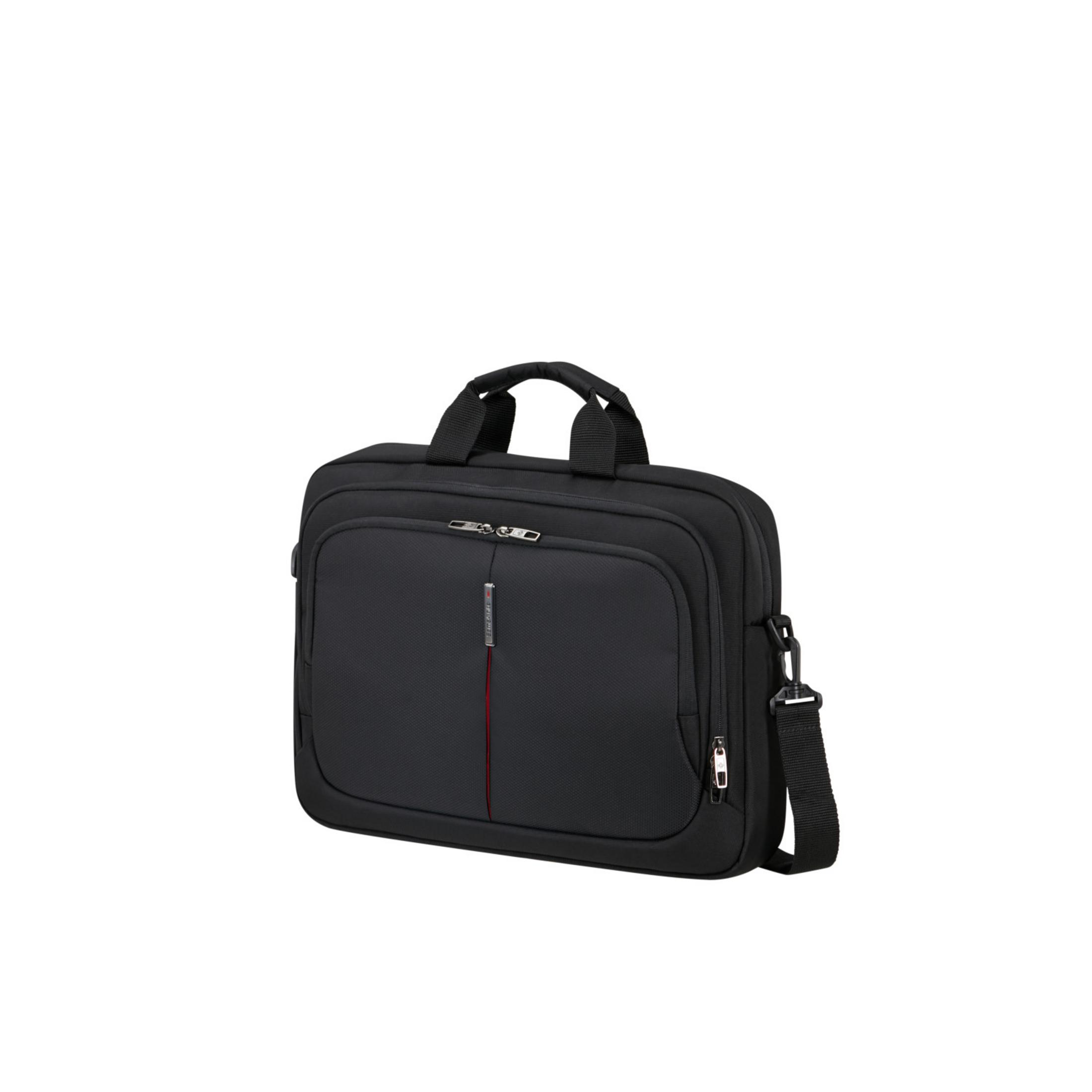 Schwarze Laptoptasche mit Henkel und Schultergurt, roter Akzent.