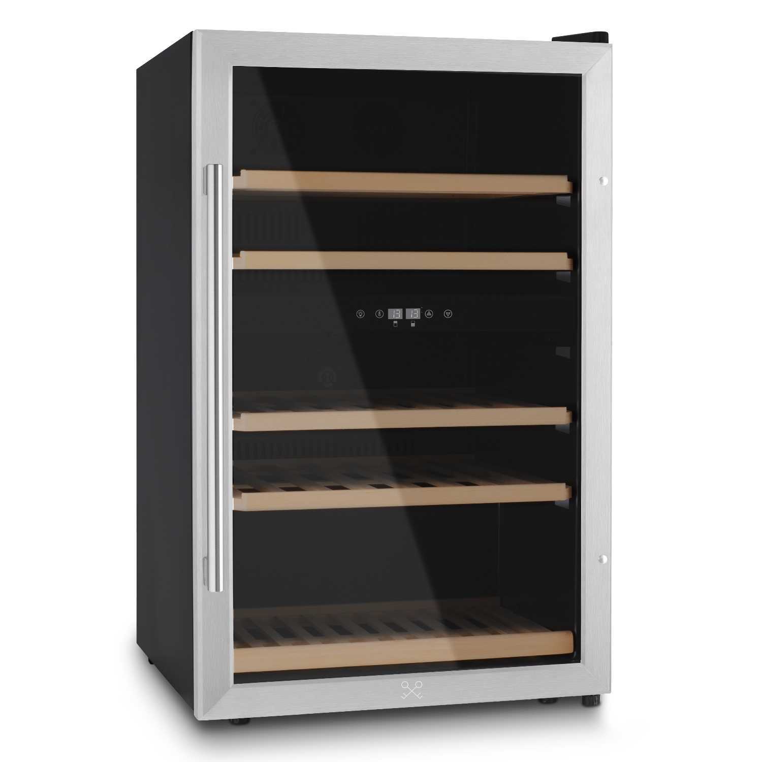 Ein silberner Weinkühlschrank mit Glastür und Holzböden.