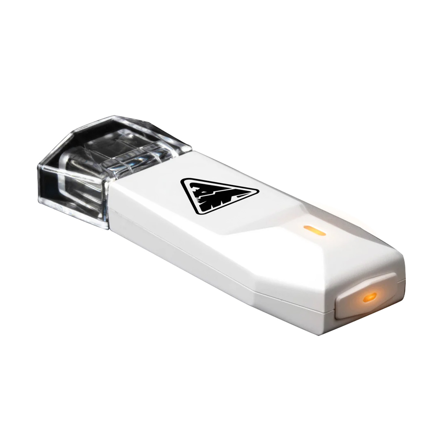 Ein weißer USB-Stick mit schwarzem Logo und orangefarbenen Lichtern.