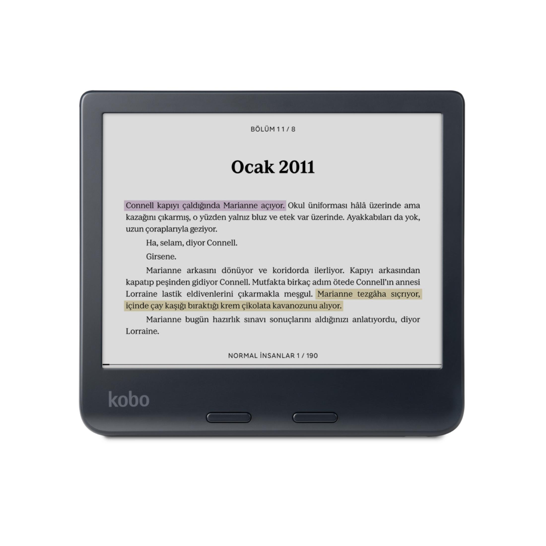 Czytnik Kobo wyświetla stronę "Ocak 2011" z tureckim tekstem.