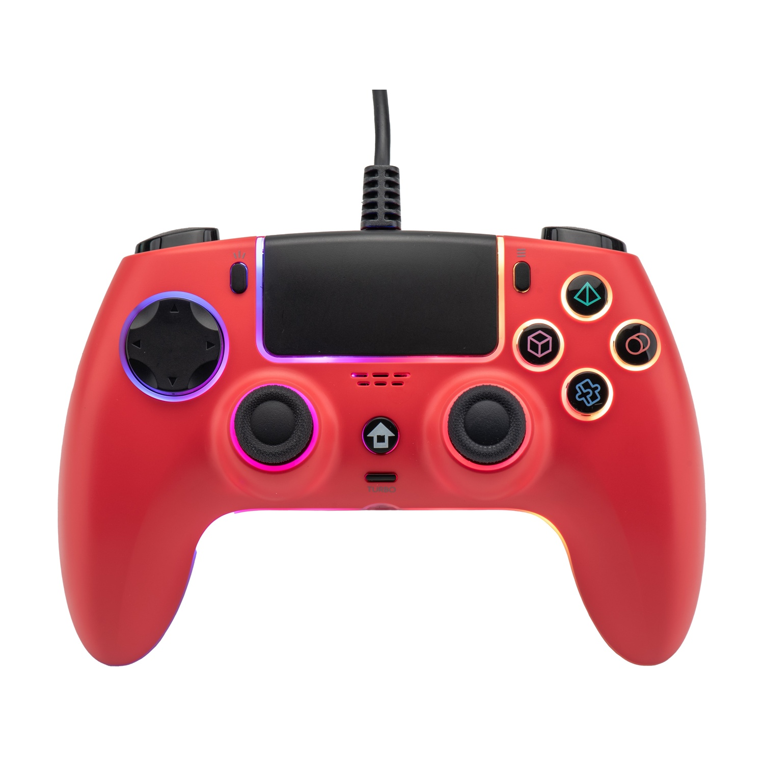 Un controller da gioco rosso con pulsanti neri e accenti luminosi.