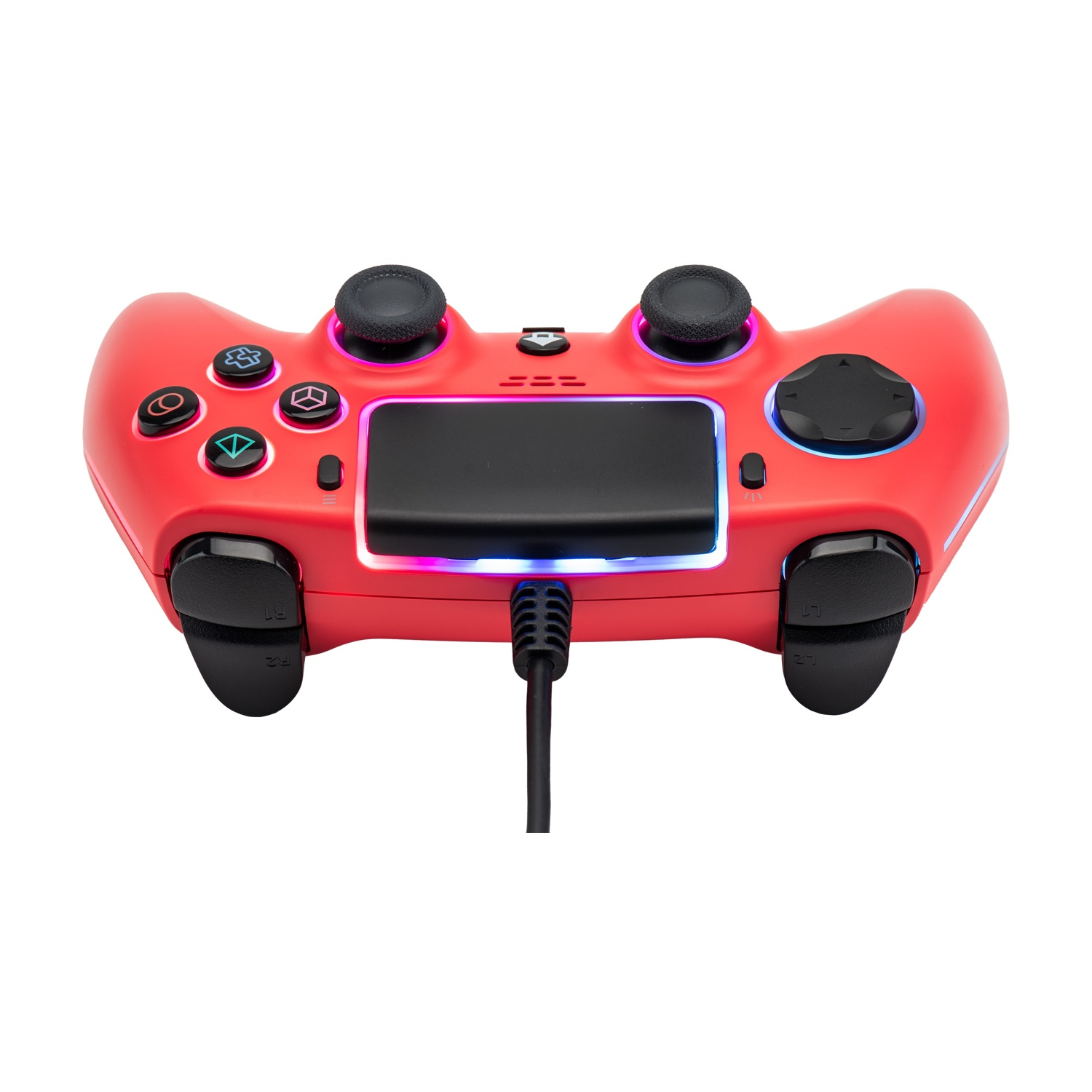 Un controller da gioco rosso con accenti luminosi e cavo nero.